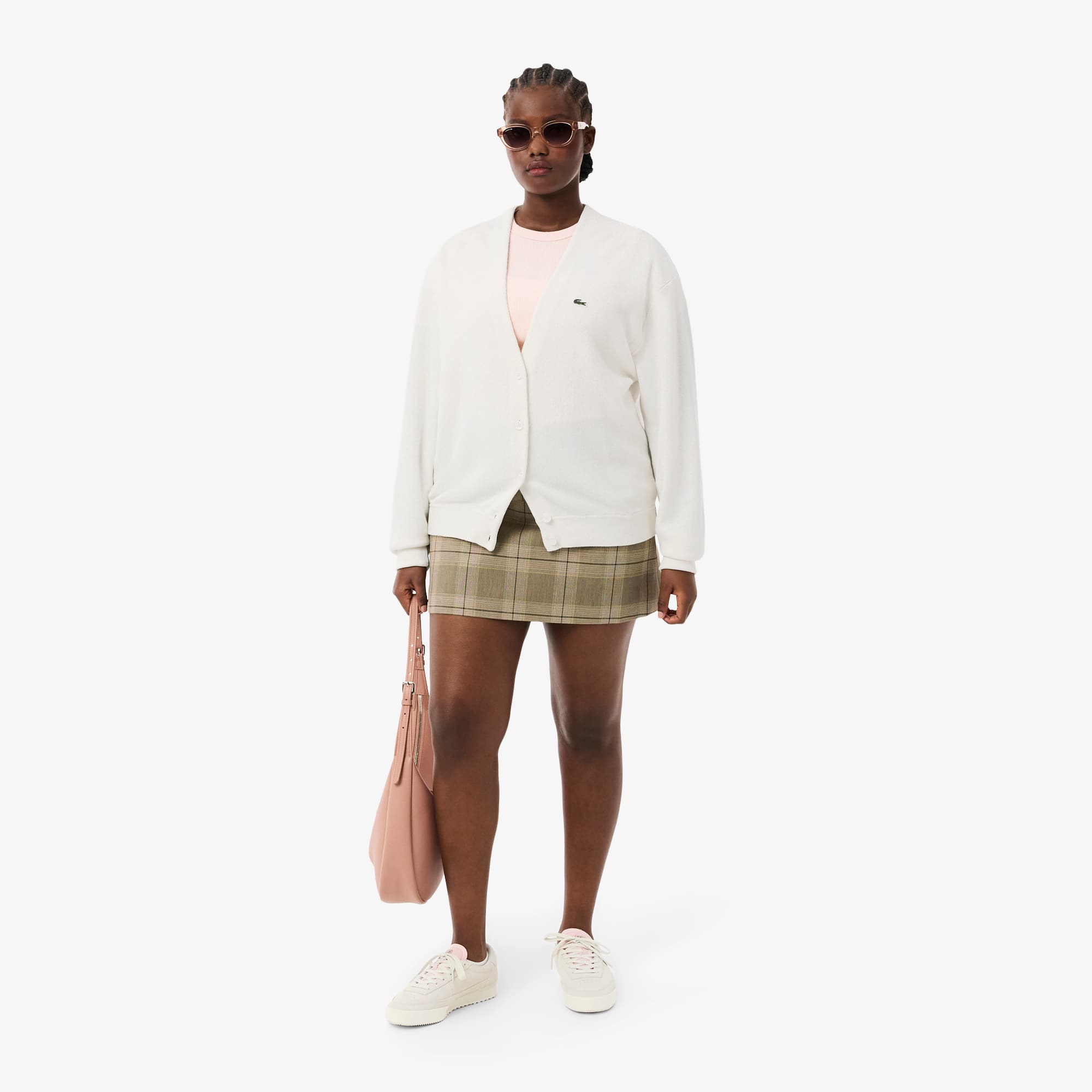 Women's V-Neck Moss Stitch Cotton Cardigan - White
