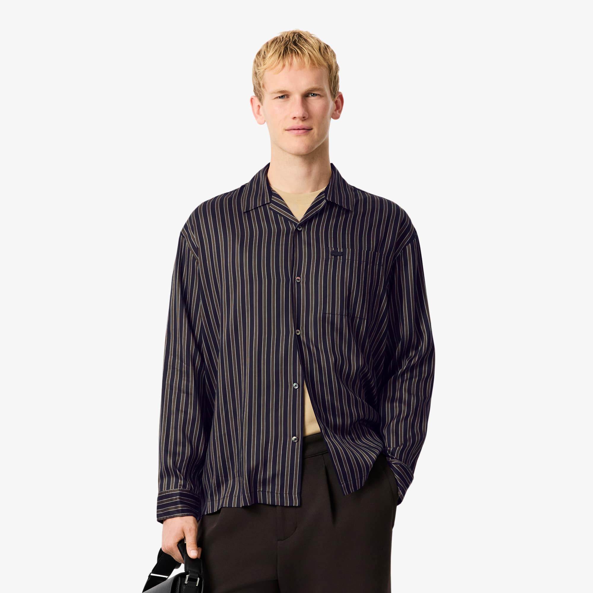 Men's Relaxed Fit Striped Lyocell Shirt - Navy Blue / Green