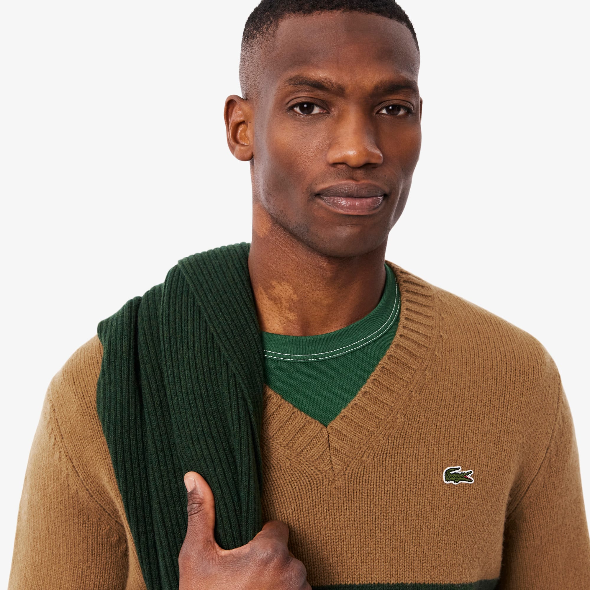 Men's Striped Wool V-Neck Sweater - Brown / Green