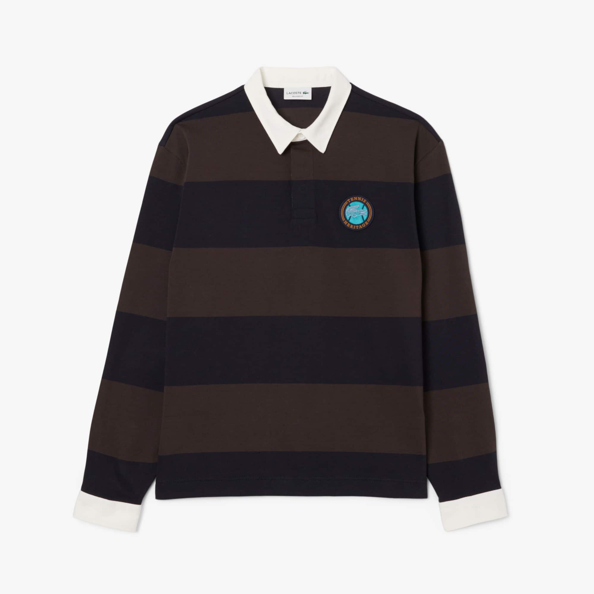 Men's Relaxed Fit Striped Rugby Polo - Navy Blue / Brown