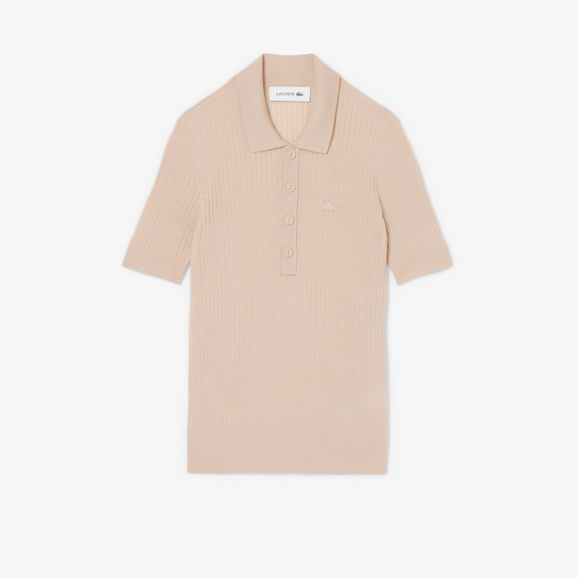 3D Rib Knit Polo Collar Merino Wool Sweater - Beige