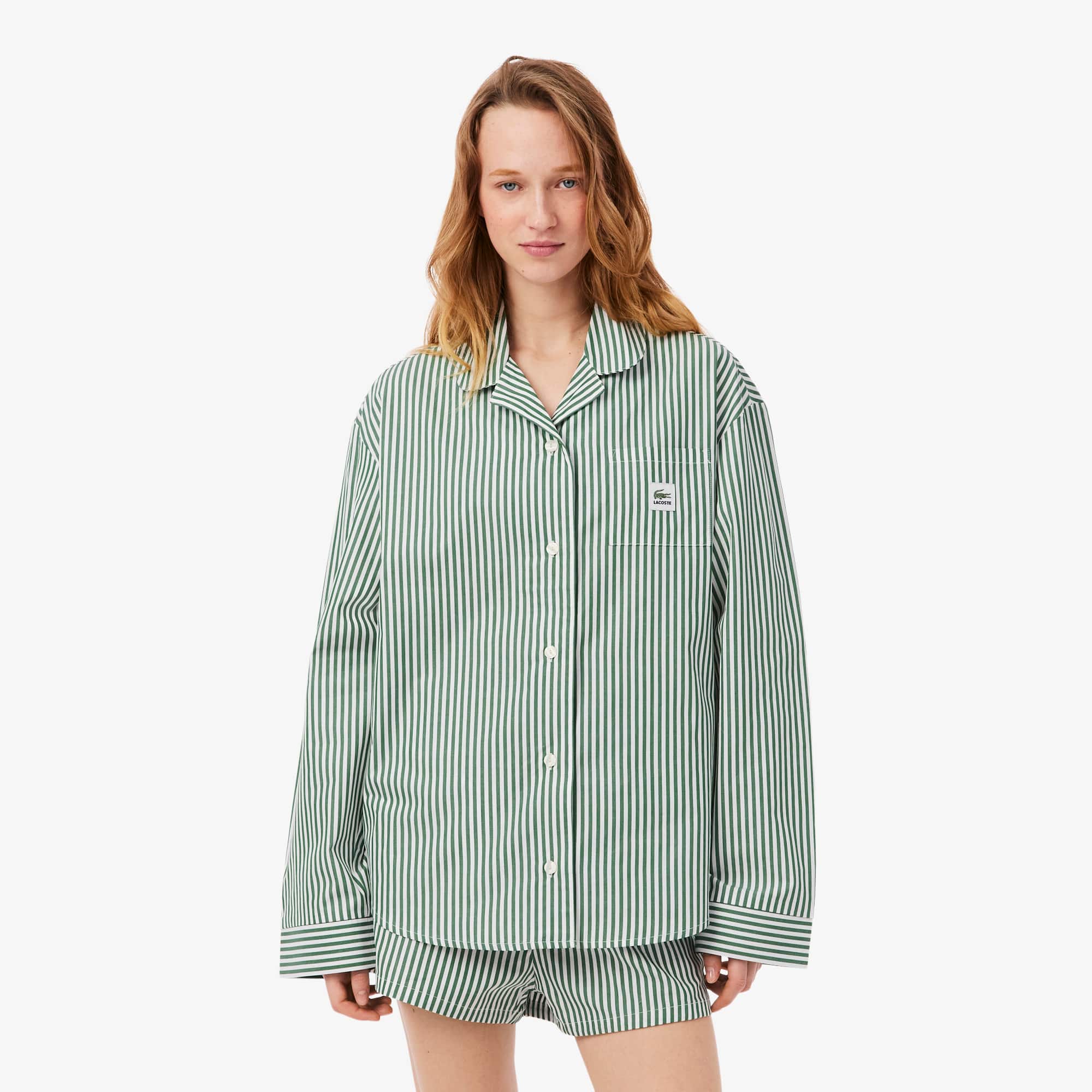 Oversized Striped Poplin Pajama Set - Green / White