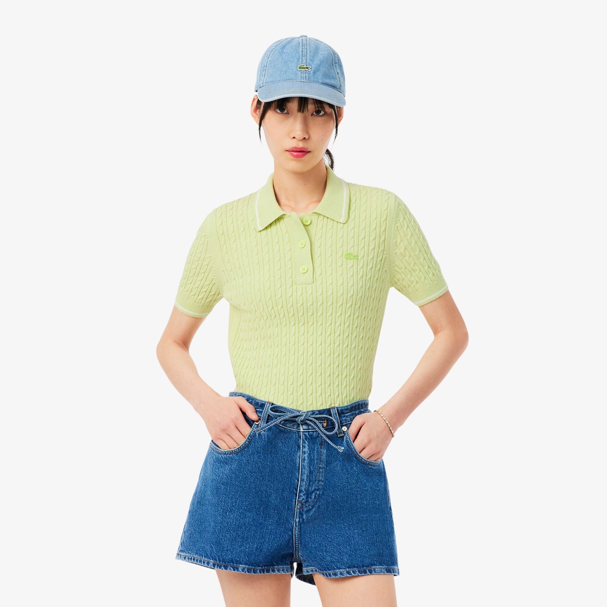 Striped Cable Knit Polo Collar Sweater - Green