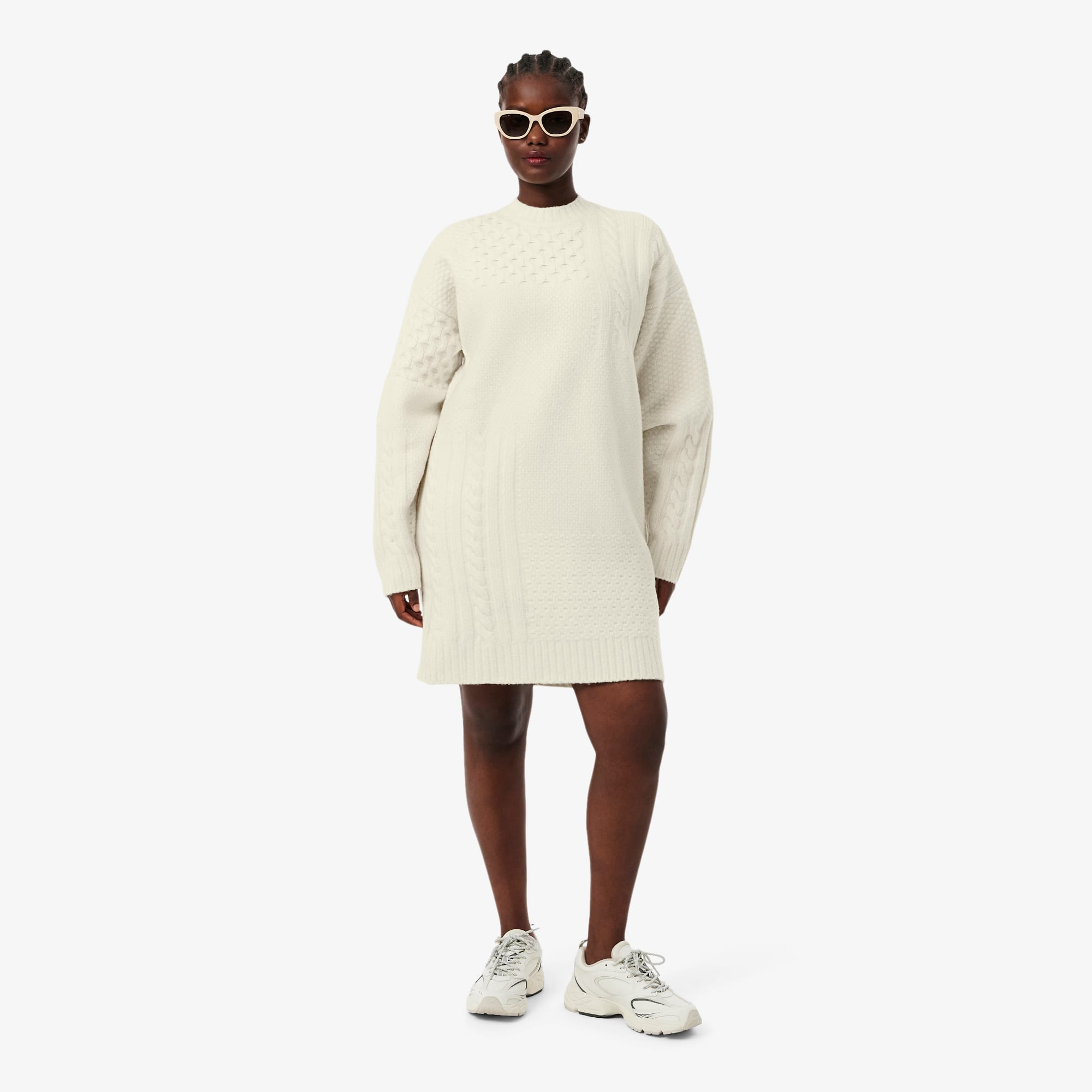 Women's Patchwork Effect Wool Sweater Dress - Cream