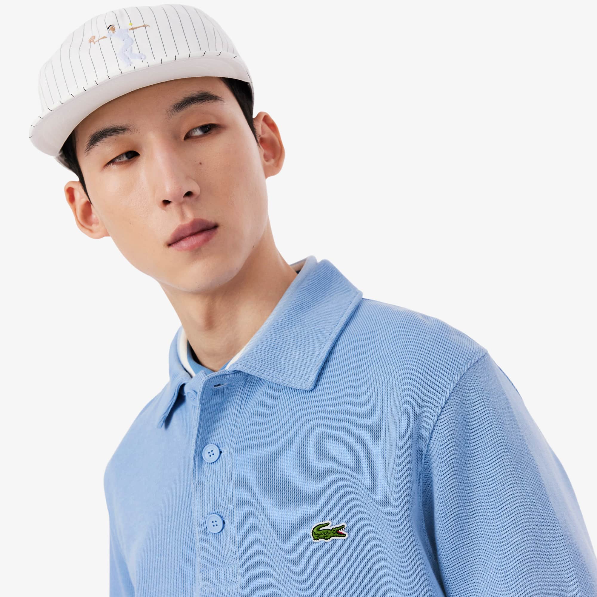 Men's Ribbed Cotton Polo Collar Sweatshirt - Light Blue