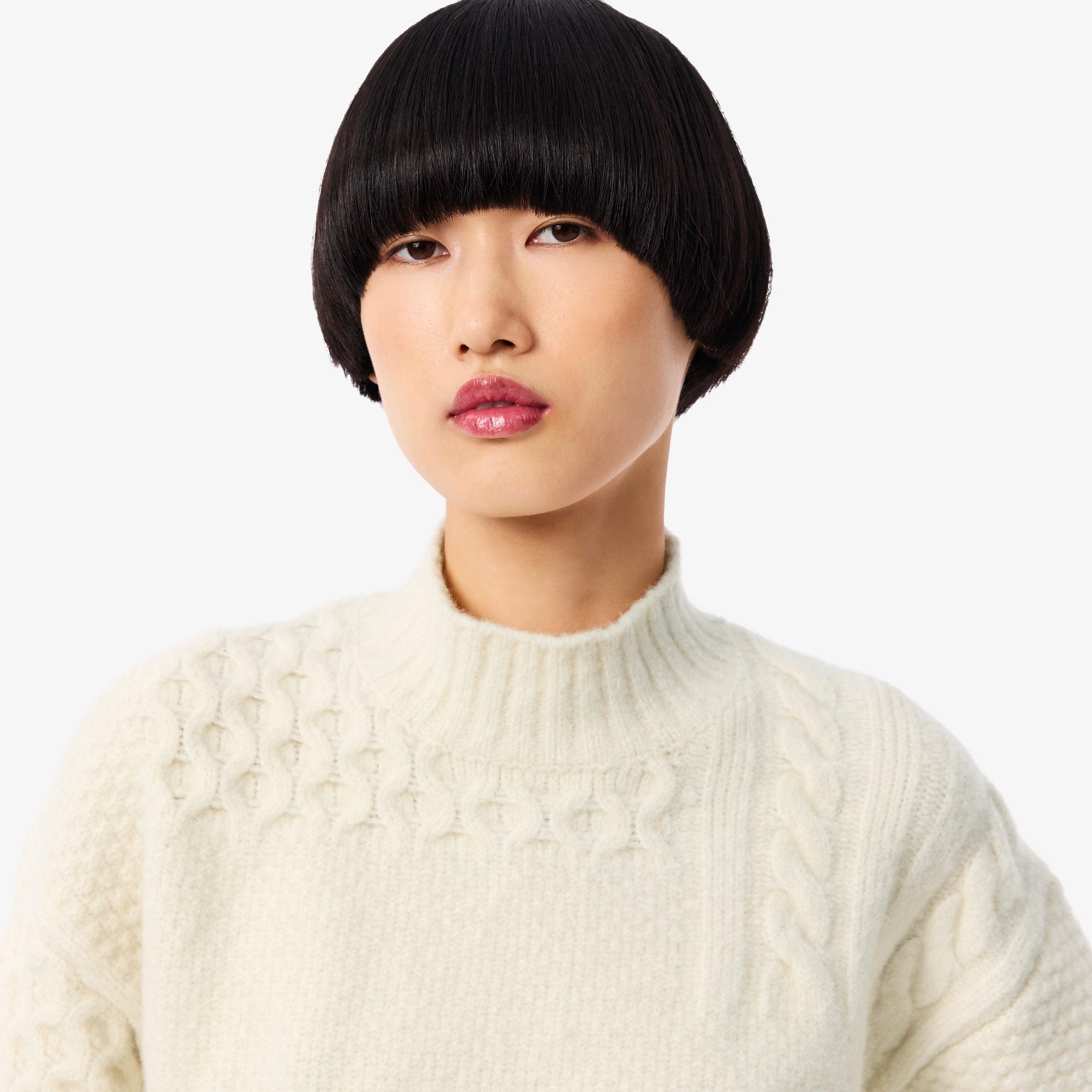 Women's Patchwork Effect High-Neck Wool Sweater - Cream