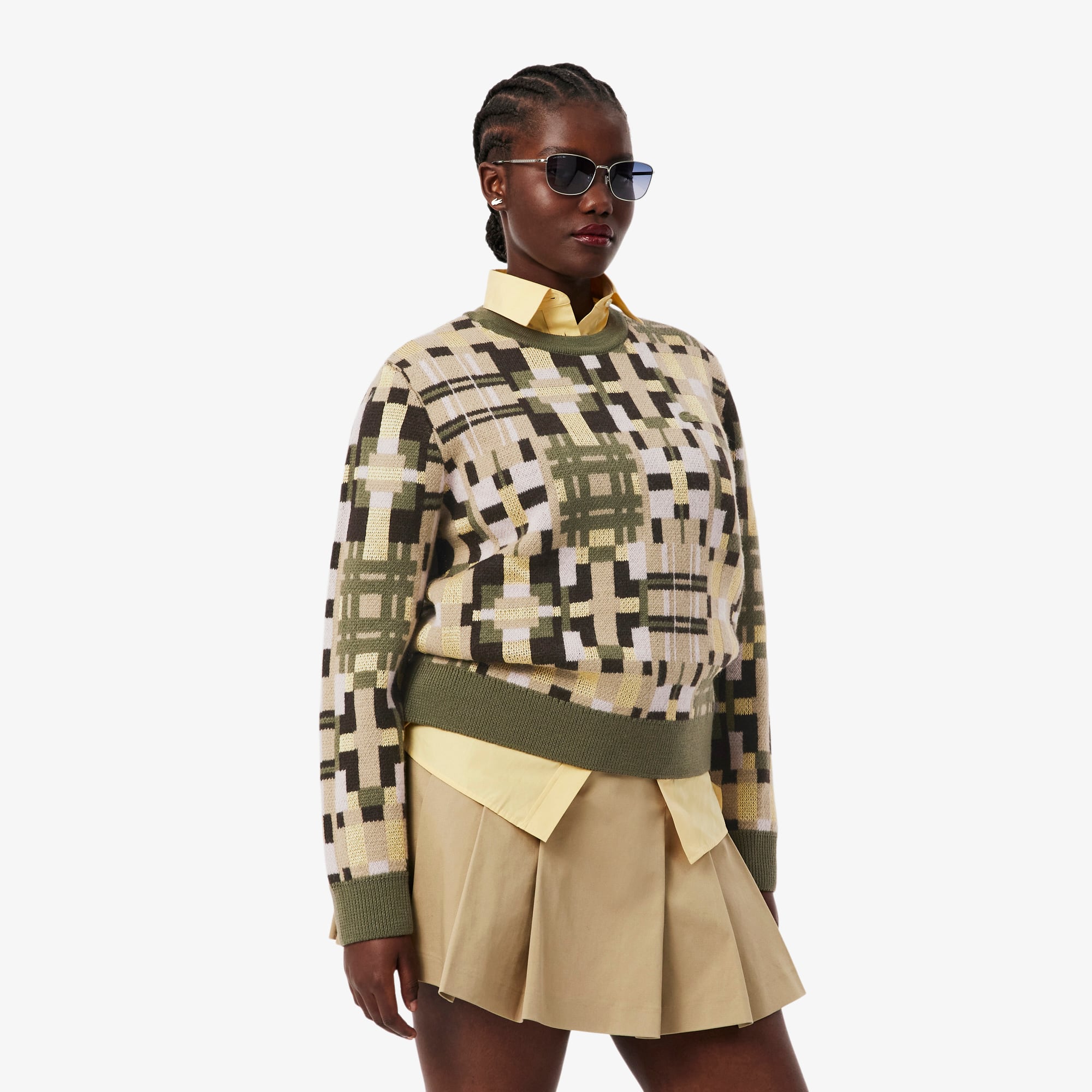 Women's Crew Neck Wool Graphic Sweater - Khaki Green / Beige / Light Pink / Brown / Yellow