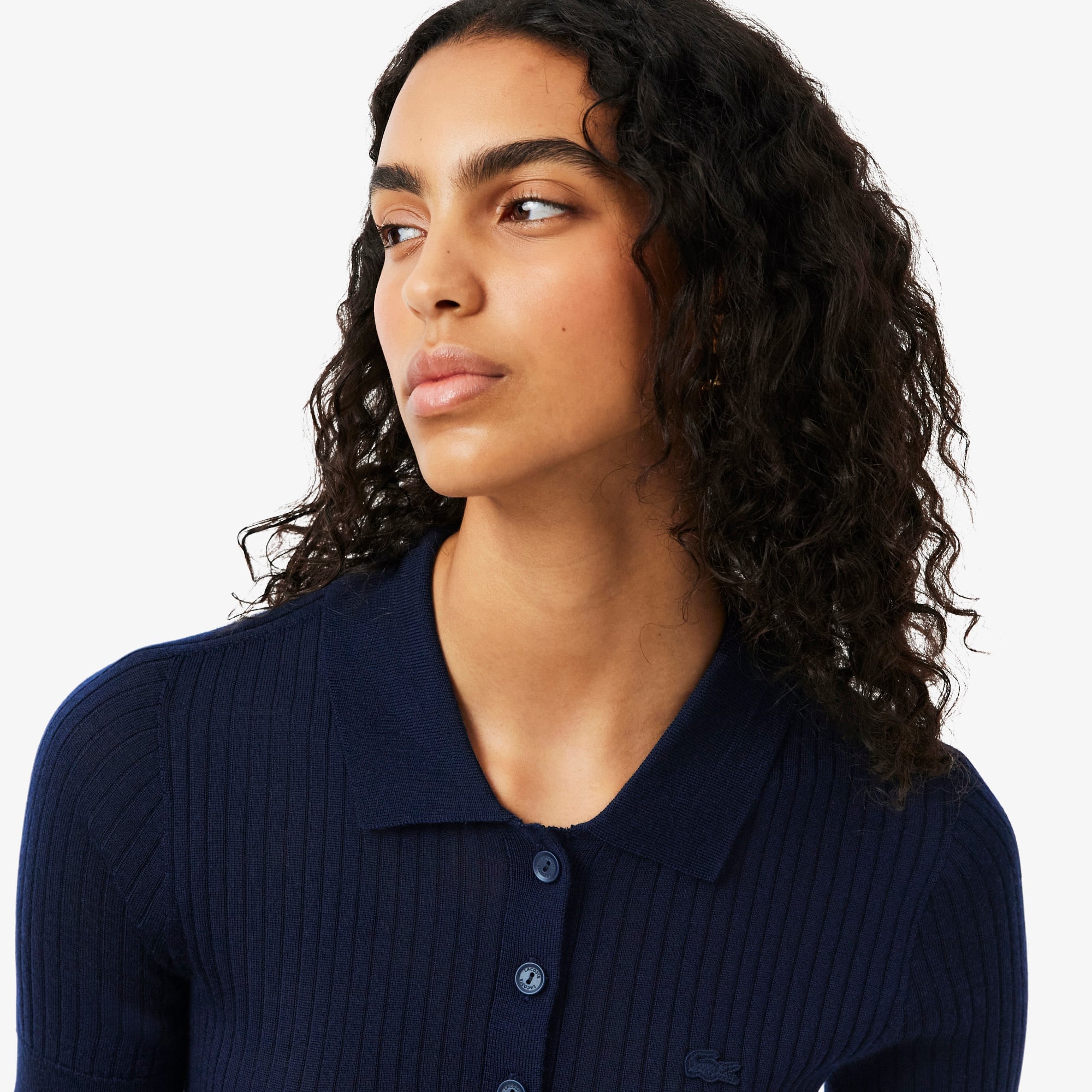 3D Rib Knit Polo Collar Merino Wool Sweater - Navy Blue