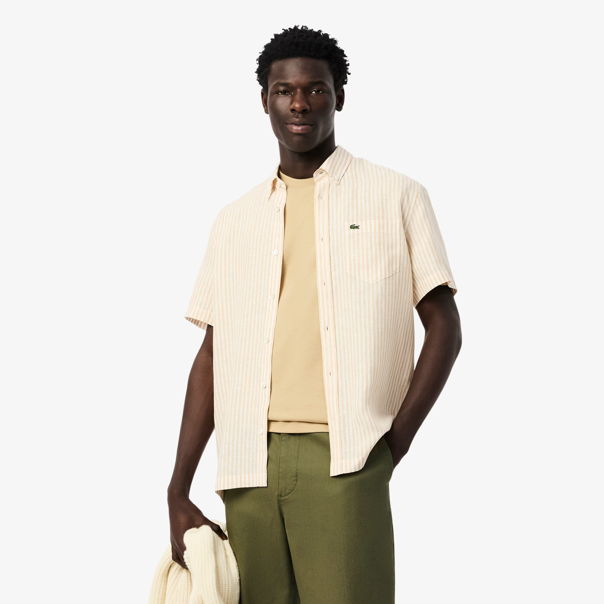 Men's Regular Fit Short Sleeve Linen Shirt - White / Beige