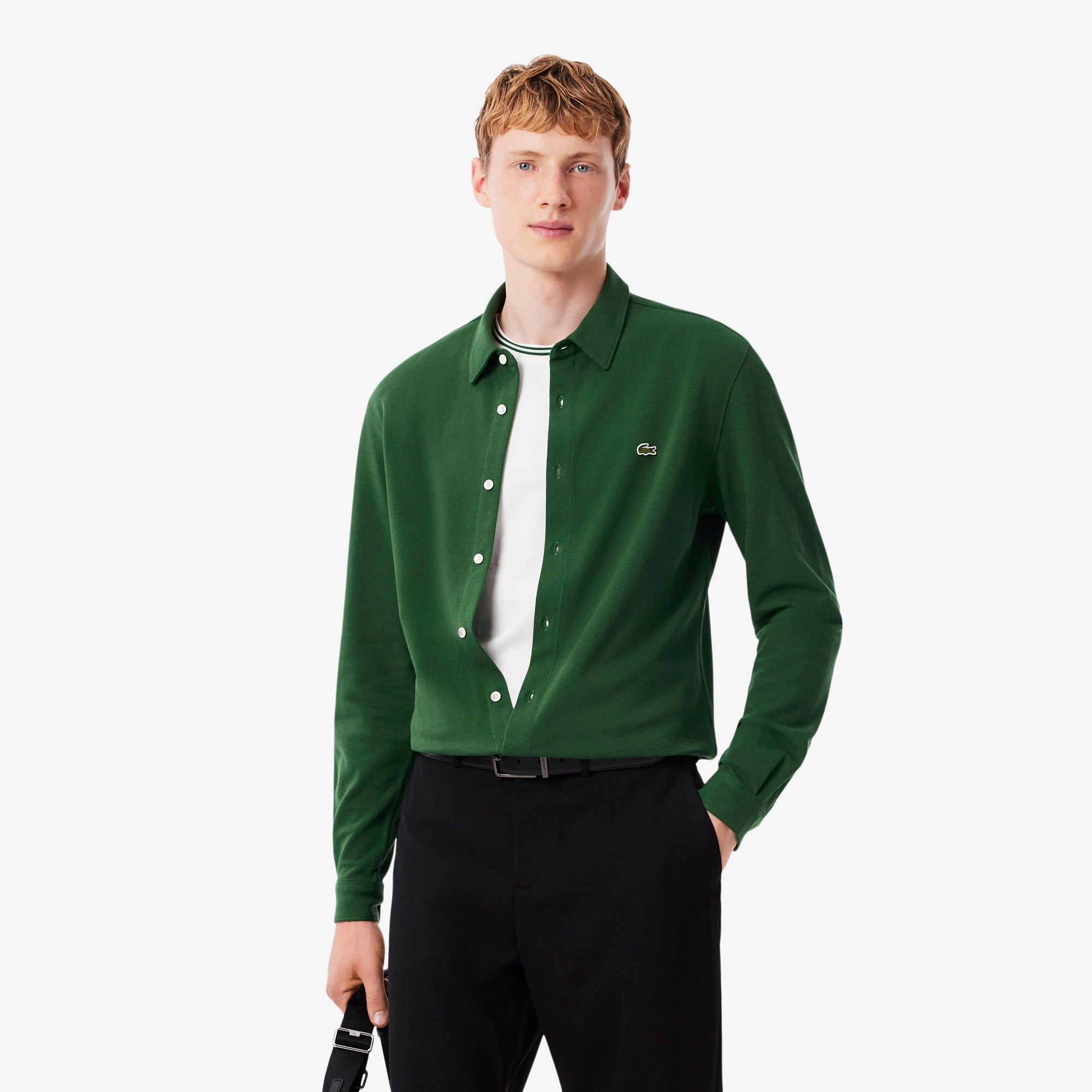 Men's Slim Fit Cotton Piqué Shirt - Pine green