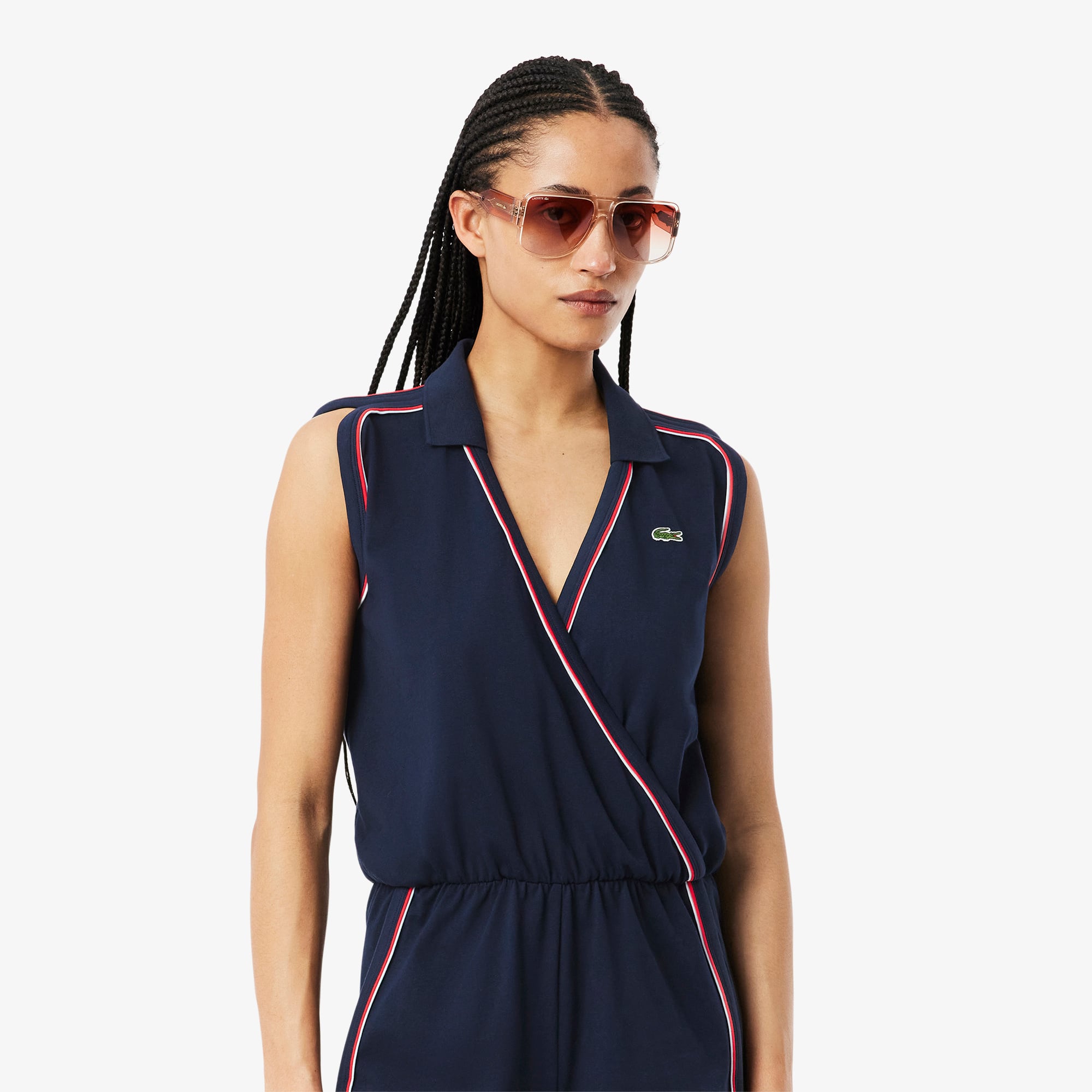 Women's Sleeveless Polo Romper - Navy Blue / Light Blue / Red