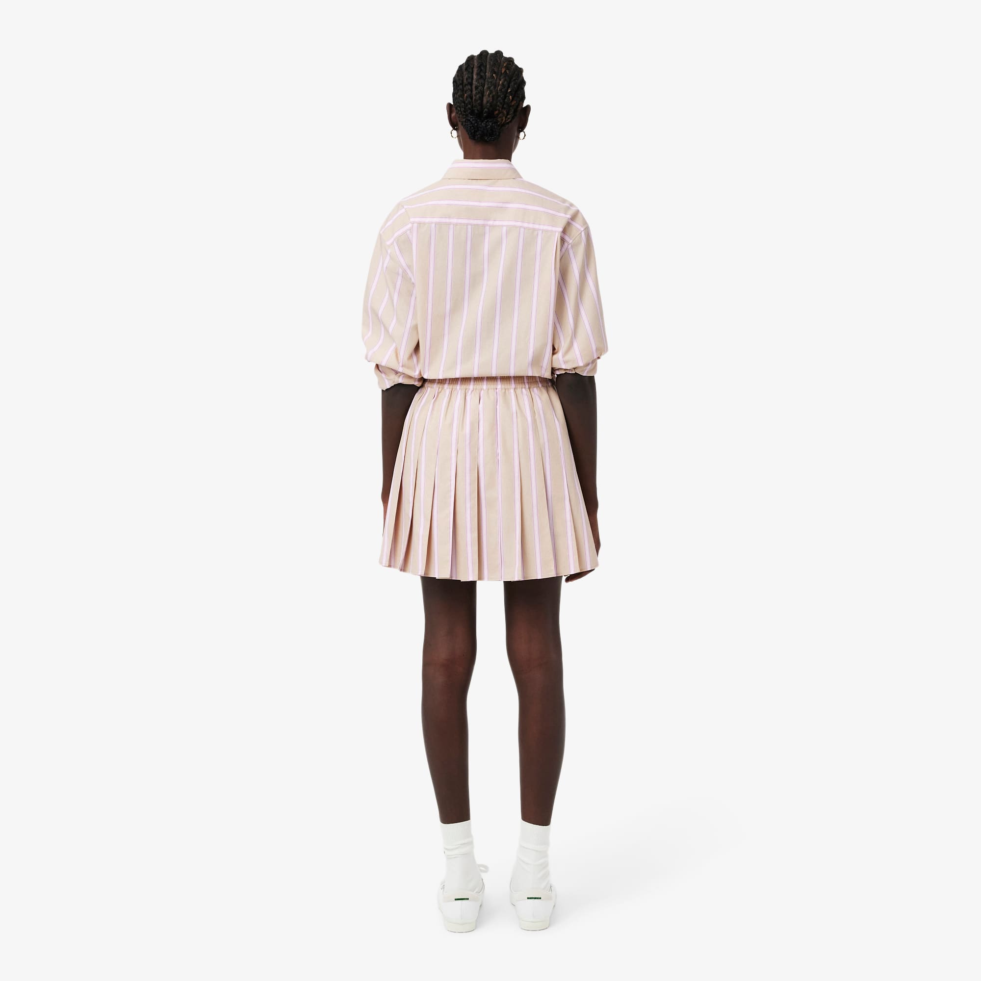 Poplin Short Striped Pleated Skirt - Beige / Rose / Blanc / Bleu Marine