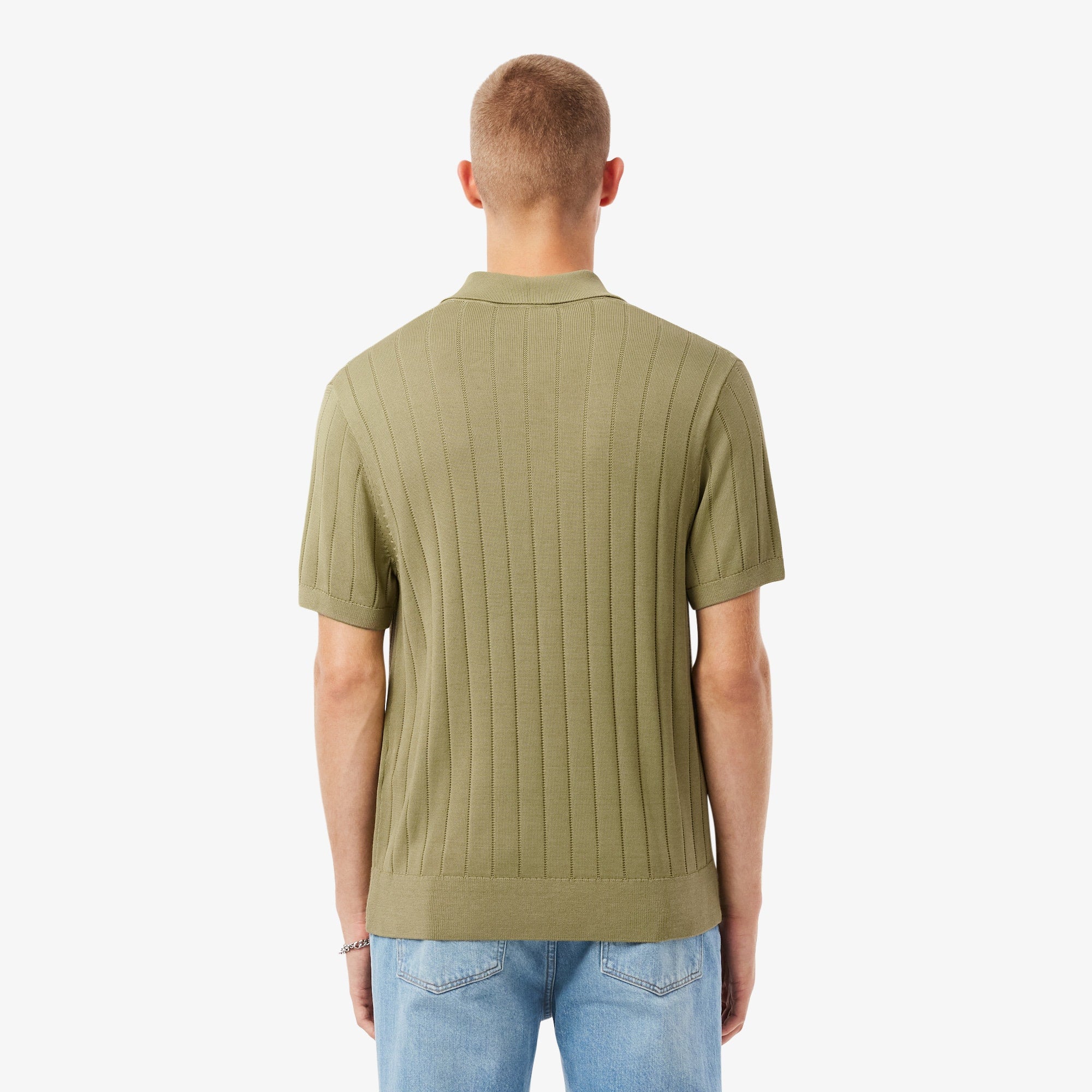 Men's Fluid Ribbed Knit Polo Collar Sweater - Khaki Green
