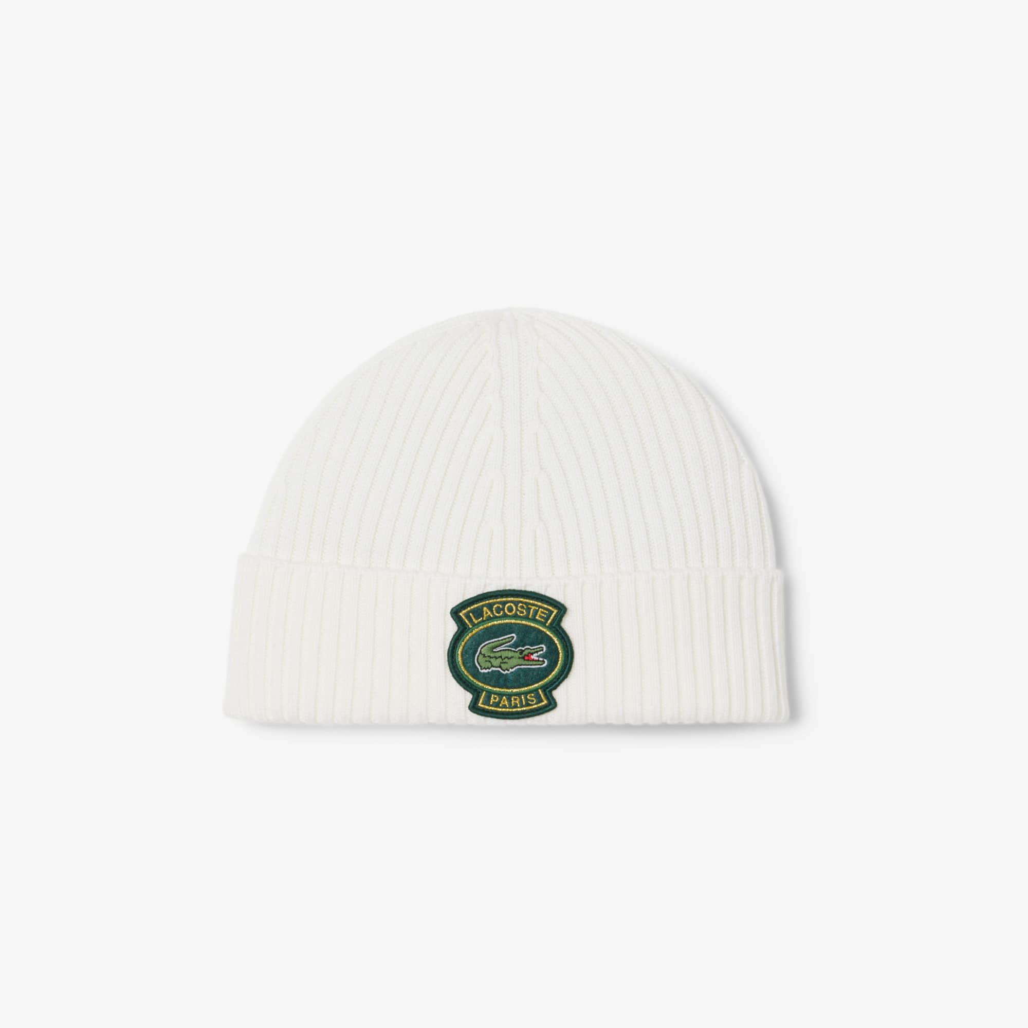 Unisex Ribbed Wool Badge Beanie - White