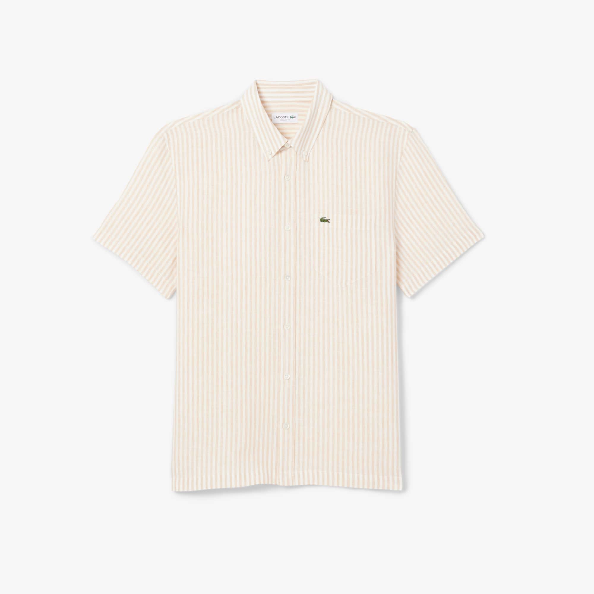 Men's Regular Fit Short Sleeve Linen Shirt - White / Beige