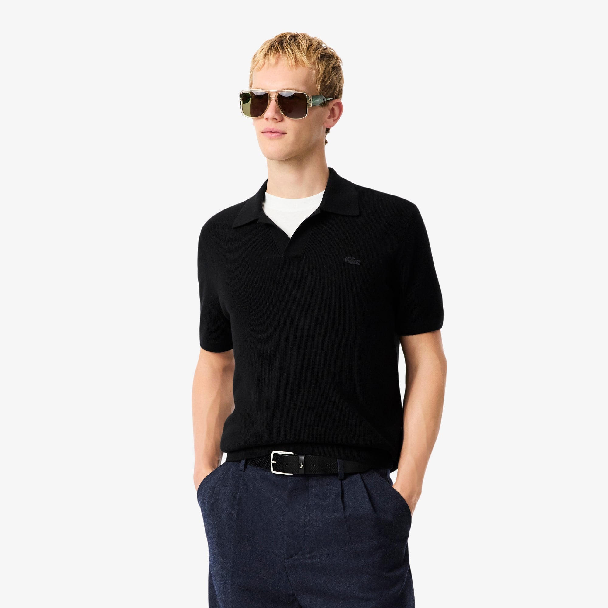 Men's Cotton Blend Open Polo Collar Sweater - Black