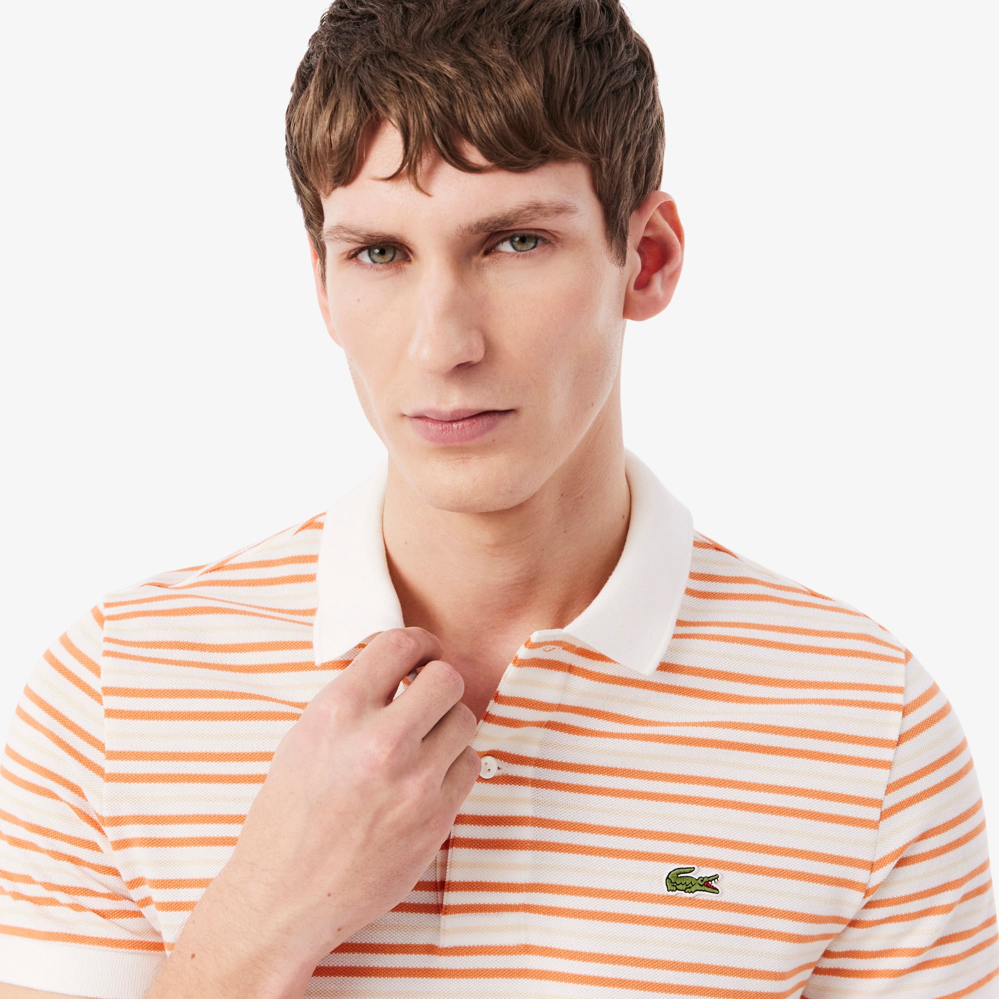 Classic Fit Striped Petit Piqué Polo - Orange / Blanc