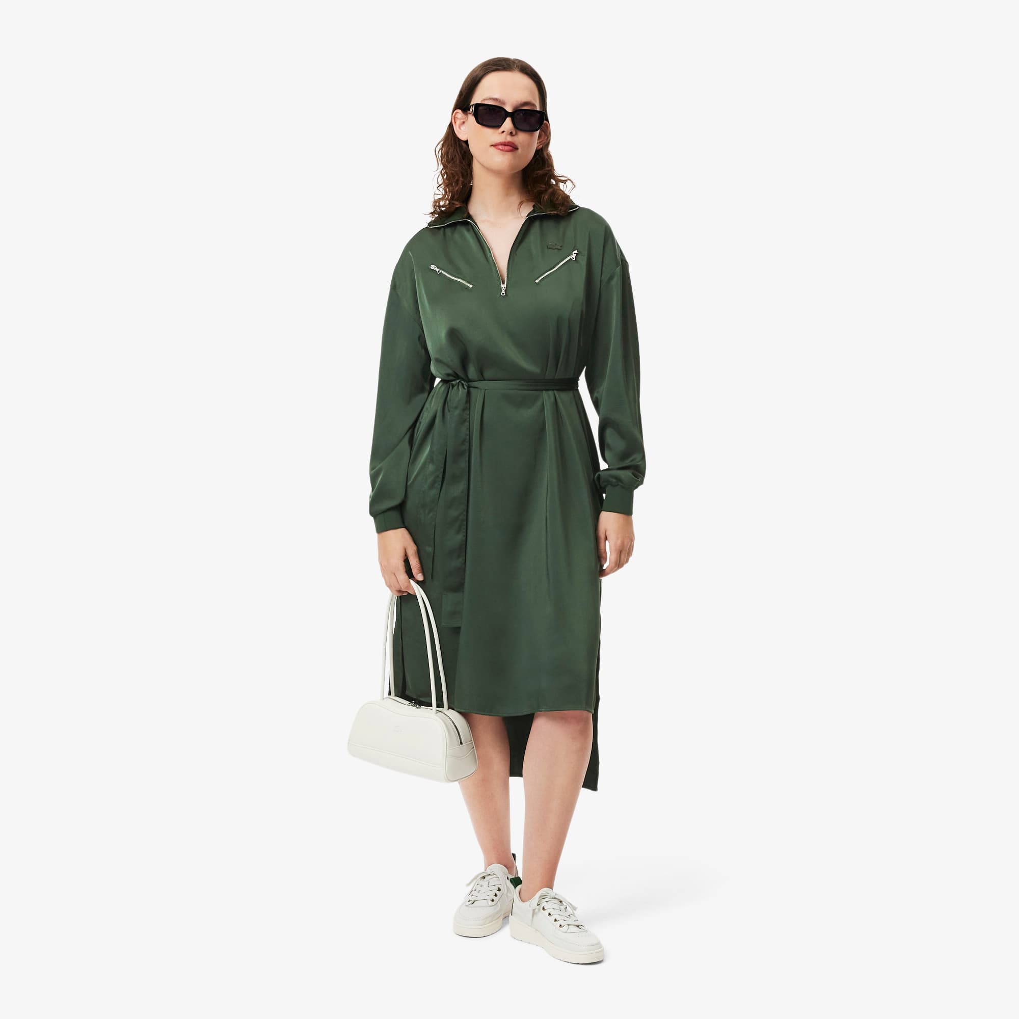 Women's Long Sleeve Belted Dress - Khaki Green