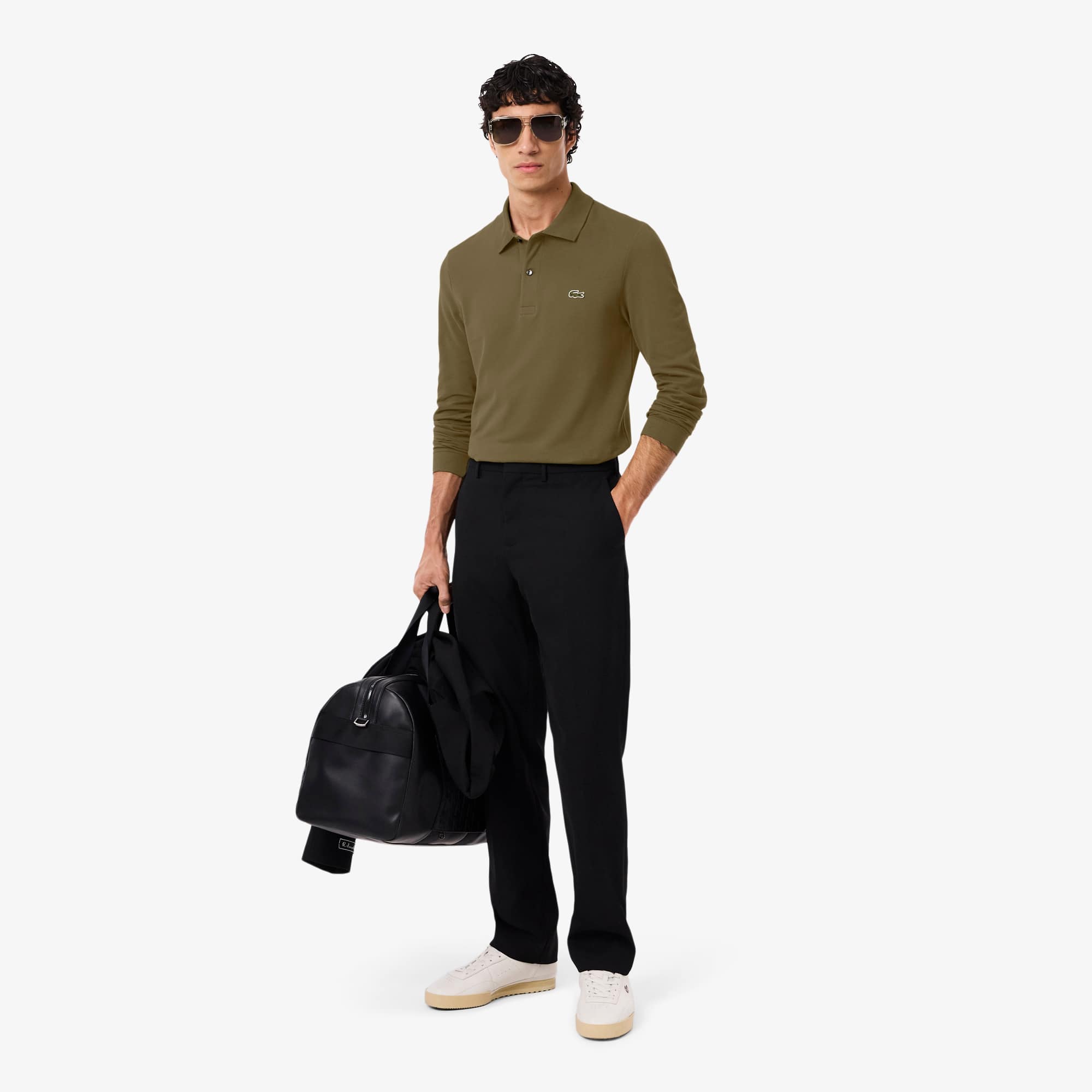 Men's Slim Fit Long Sleeve Polo - Khaki Green