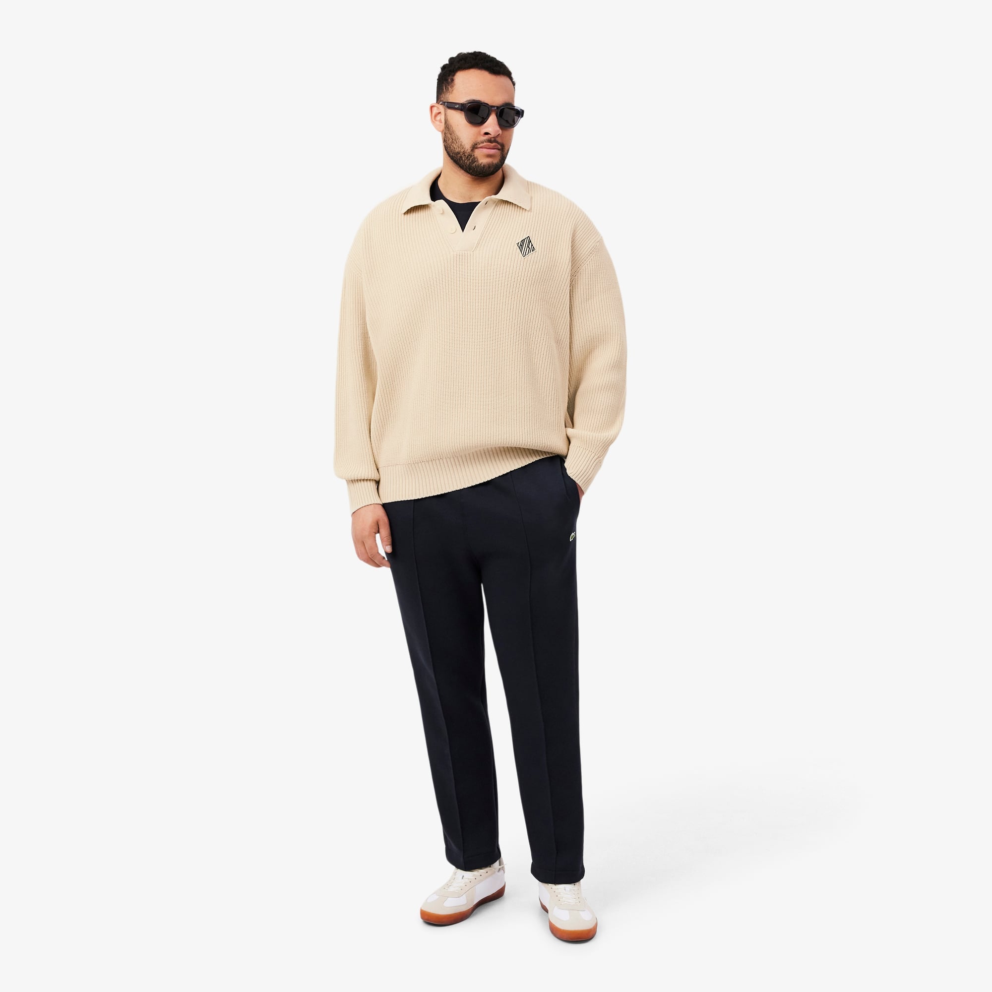Badge Accent Pearl Rib Polo Collar Sweater - Lemon Beige