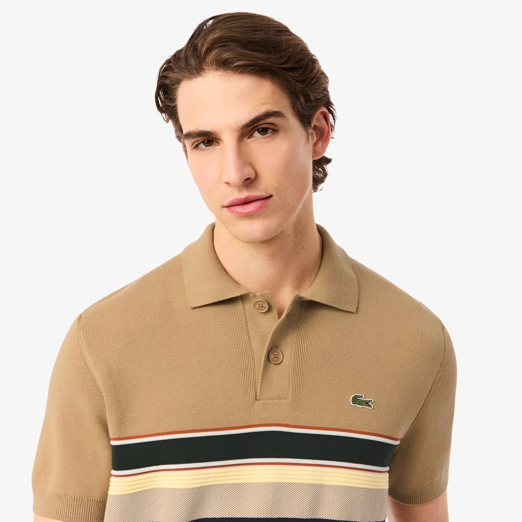 Men's Made In France Striped Polo Collar Sweater - Beige / White / Navy Blue / Yellow