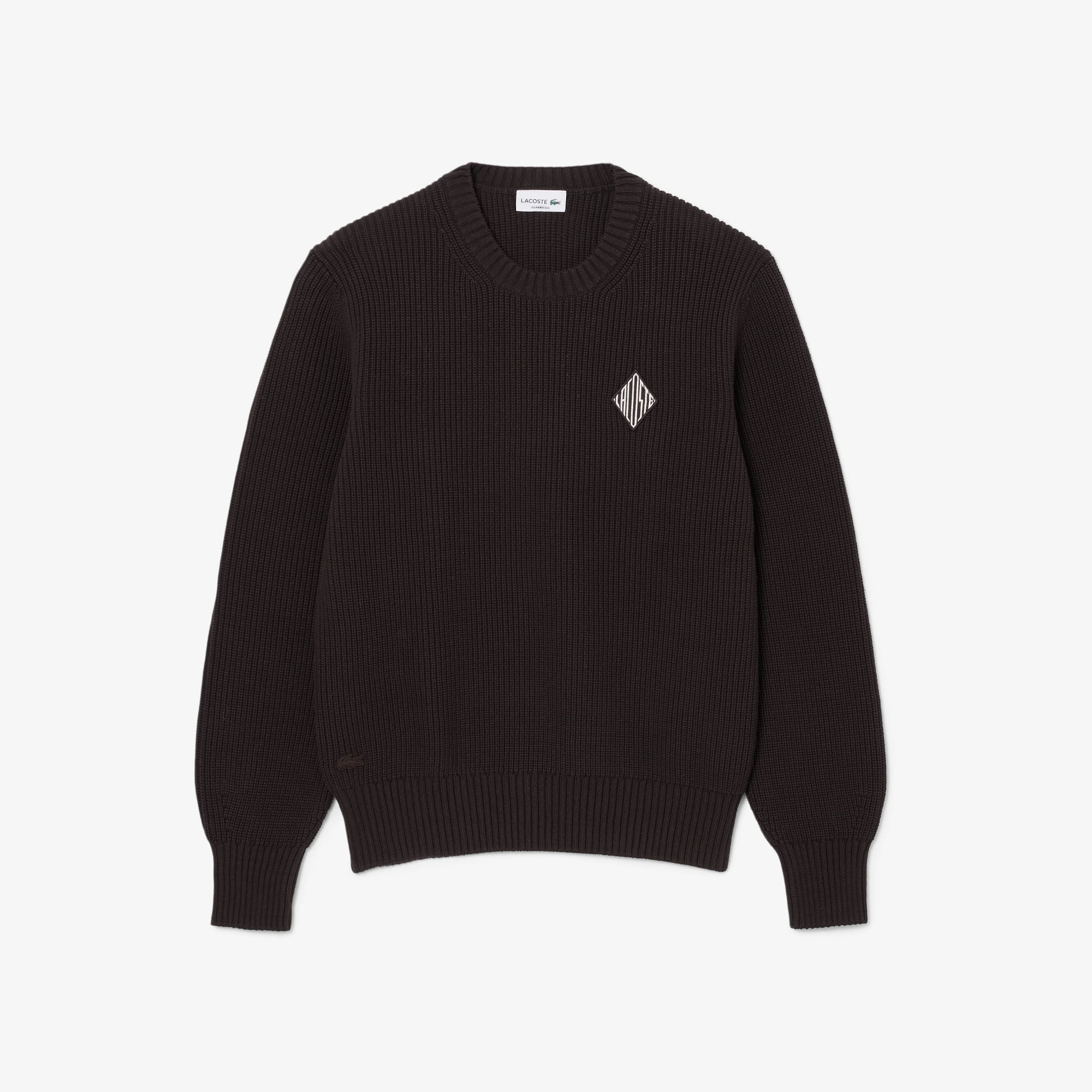Pearl Rib Knit Badge Accent Sweater - Brown