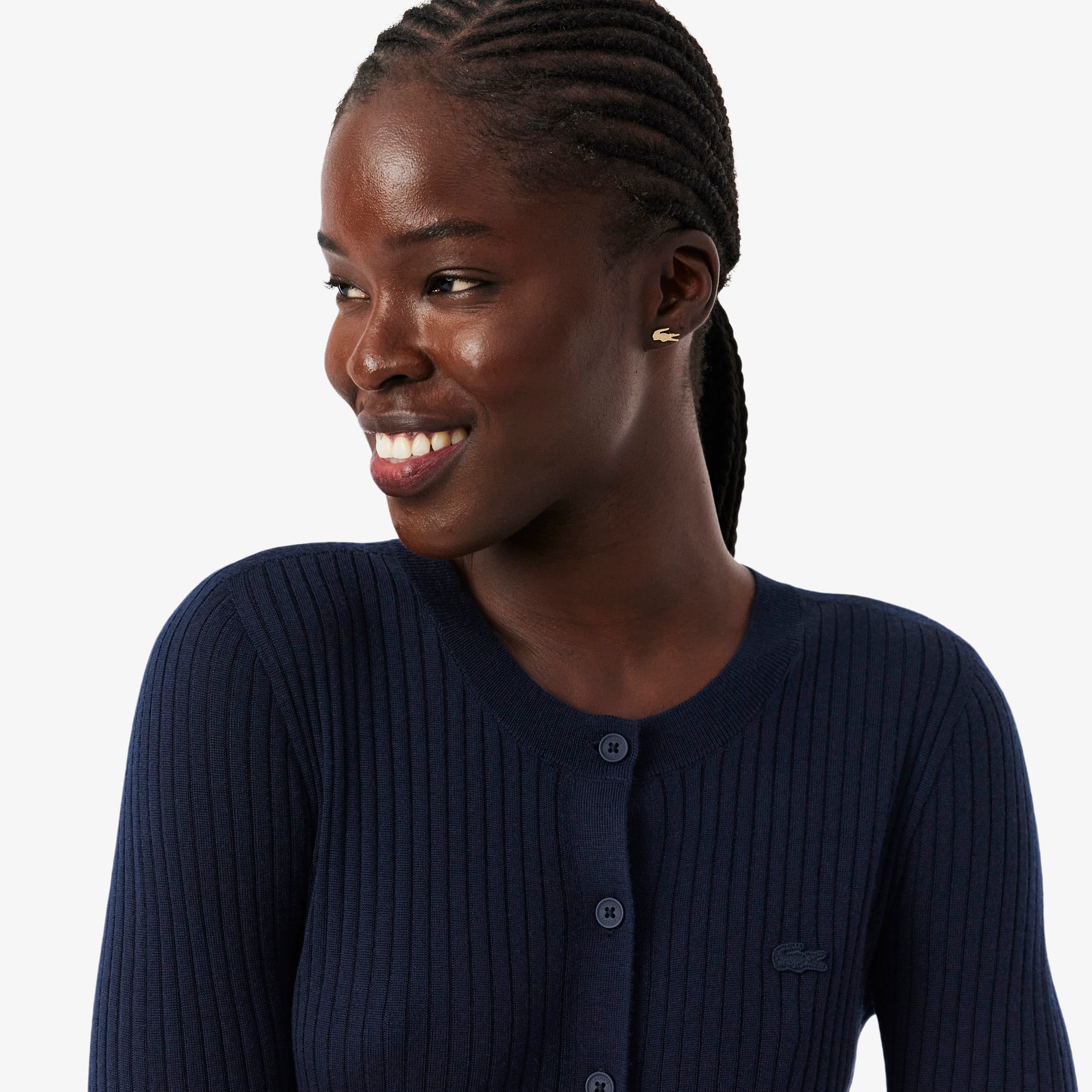 Women's Rib Knit Merino Wool Cardigan - Navy Blue
