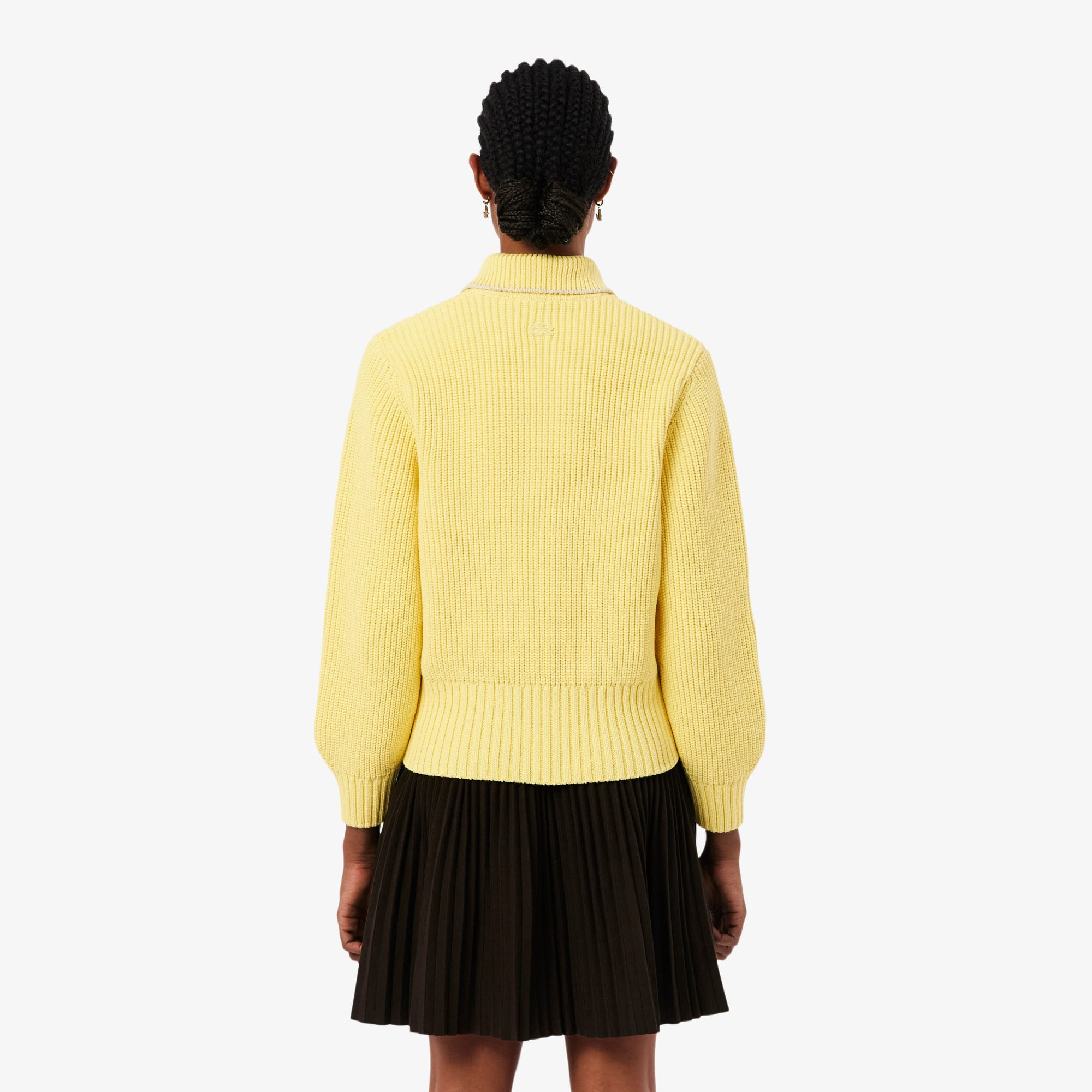 Zipped Cotton Badge Accent Sweater - Pastel yellow