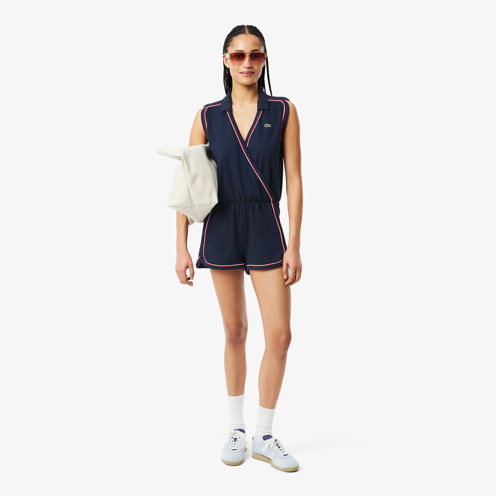 Women's Sleeveless Polo Romper - Navy Blue / Light Blue / Red