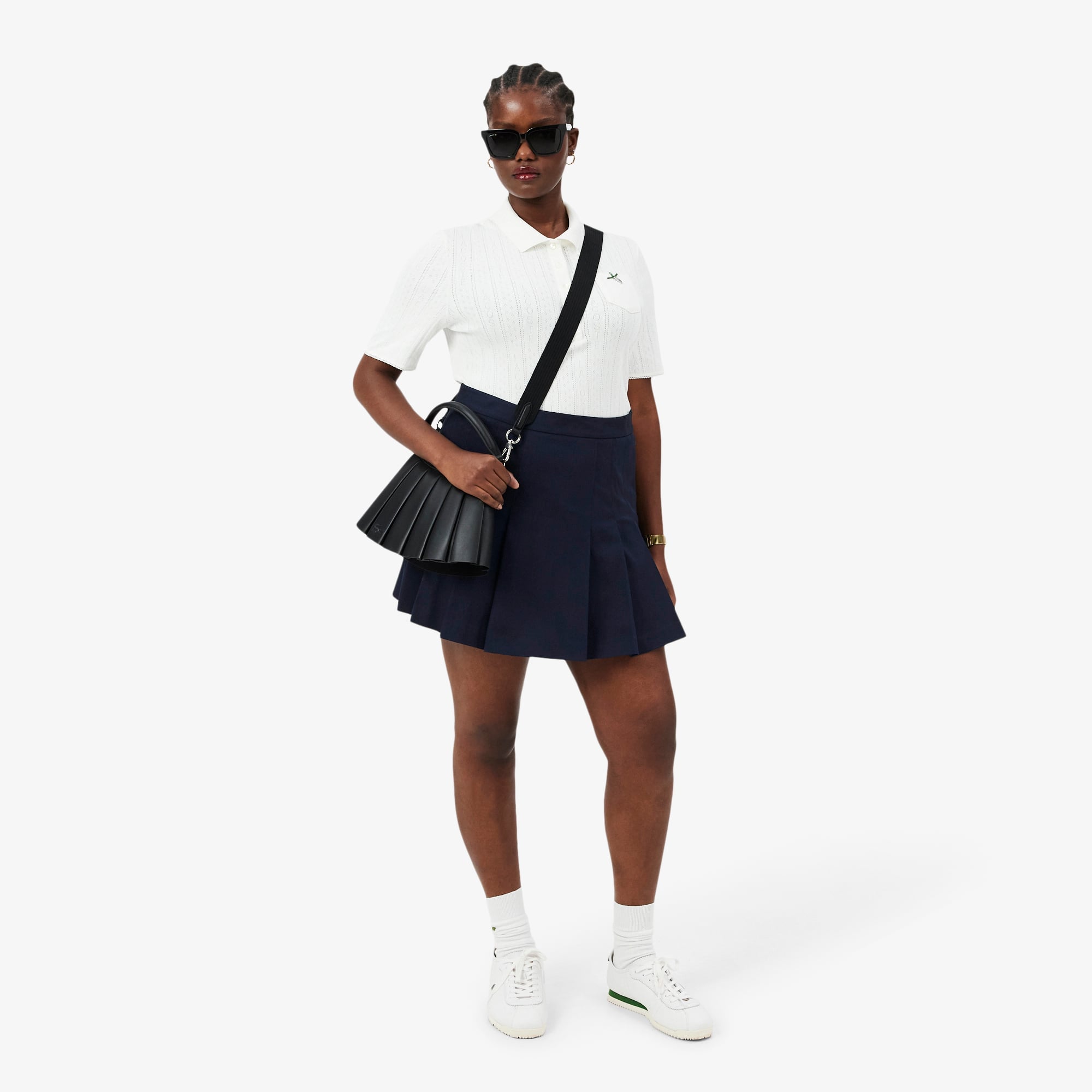 Women's Short Stretch Cotton Pleated Skirt - Navy Blue