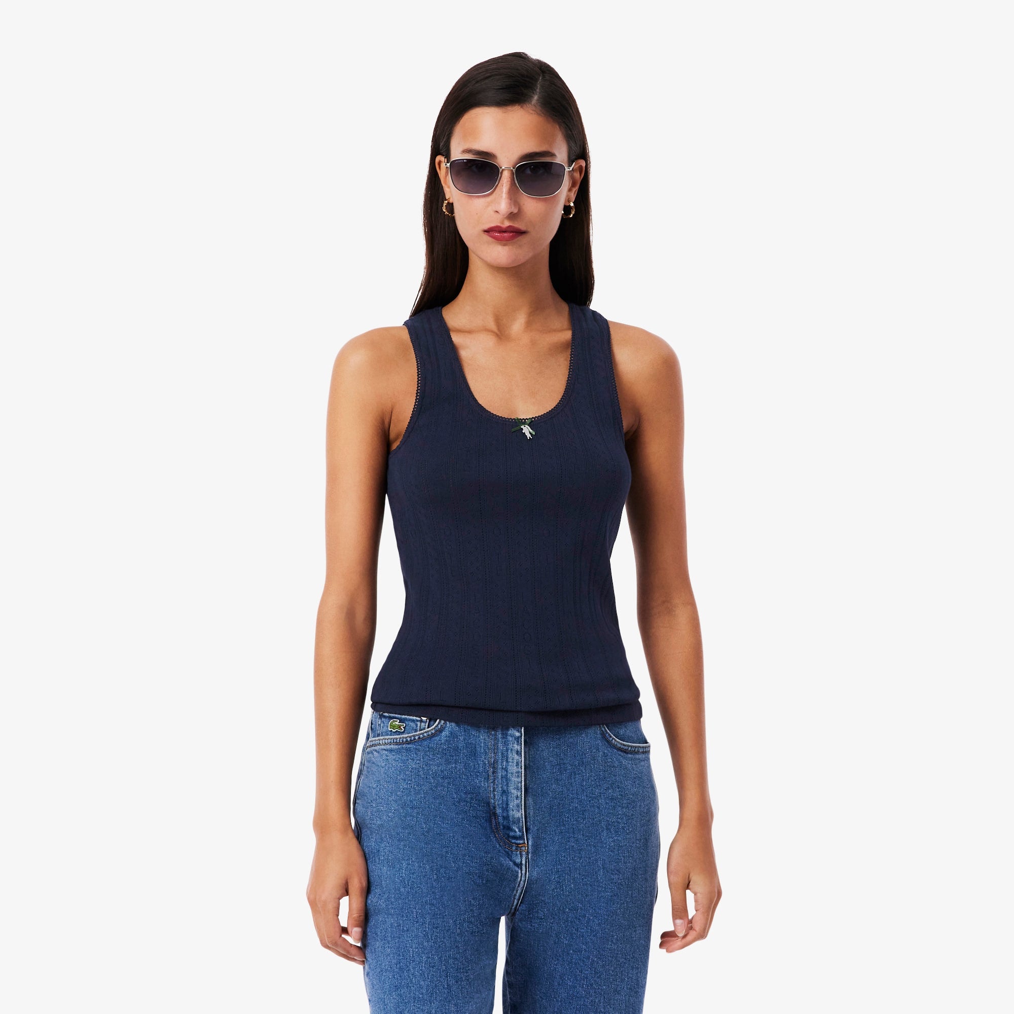 Women's Slim Fit Pointelle Knit Cotton Tank Top - Navy Blue