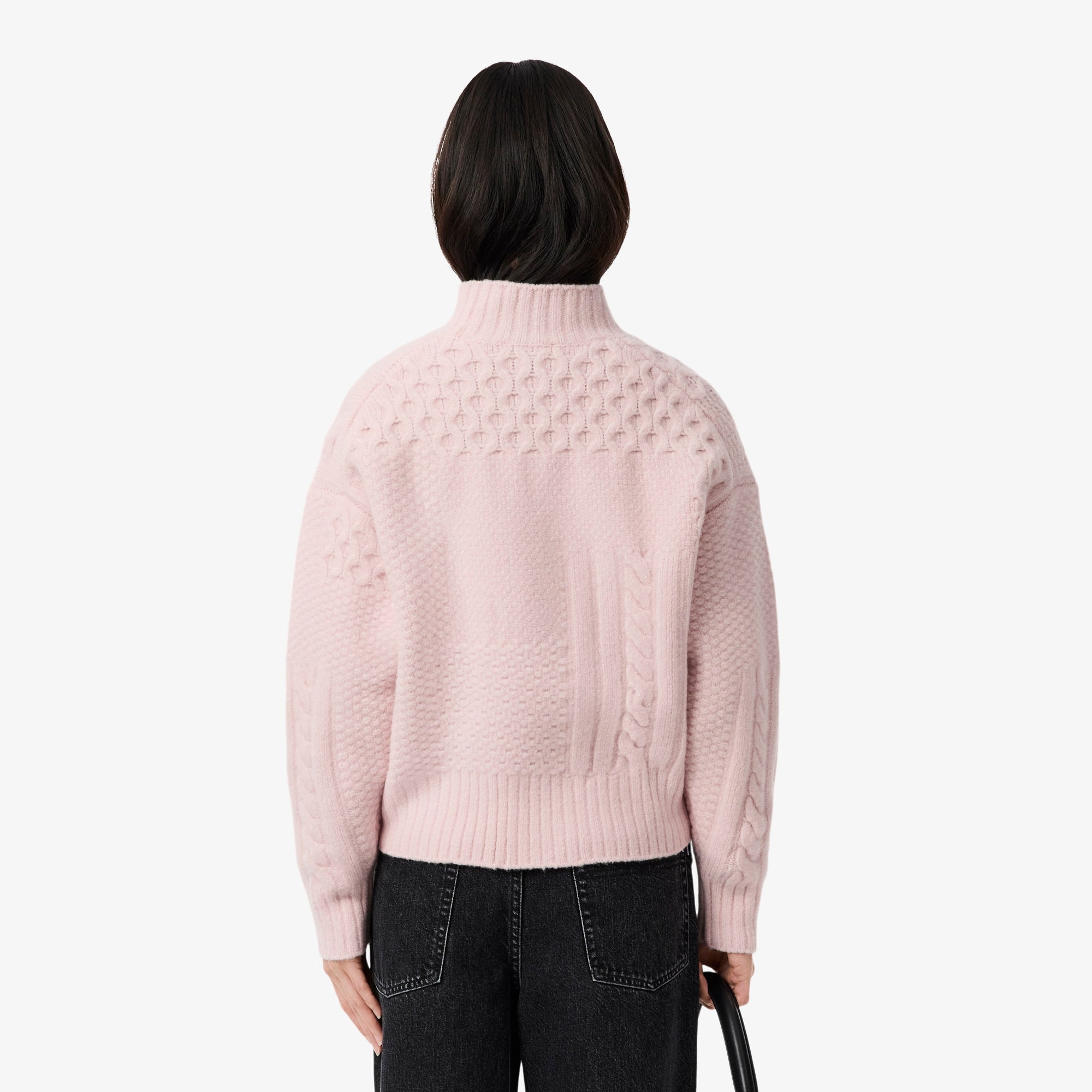 Women's Patchwork Effect High-Neck Wool Sweater - Light Pink