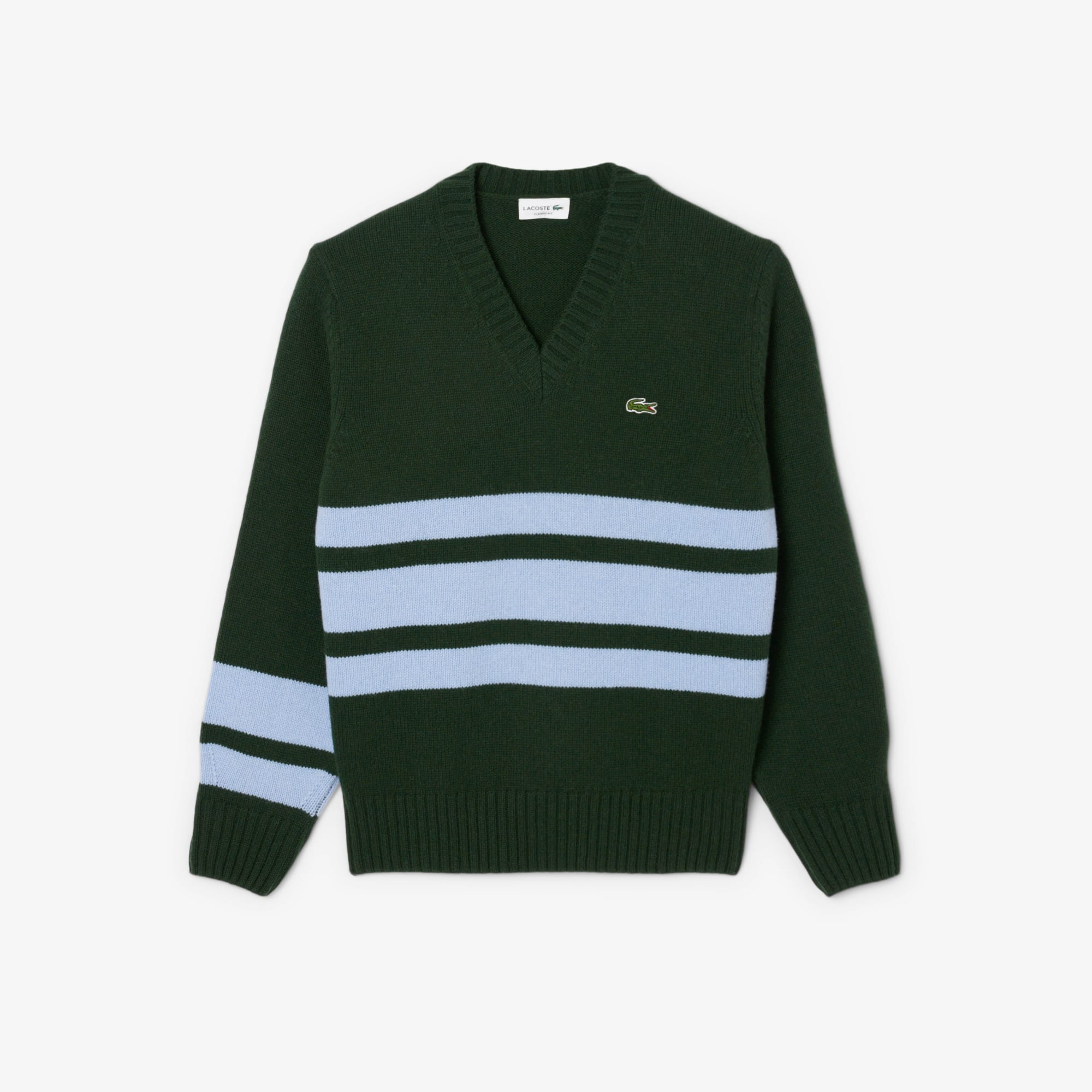 Men's Striped Wool V-Neck Sweater - Vert / Bleu