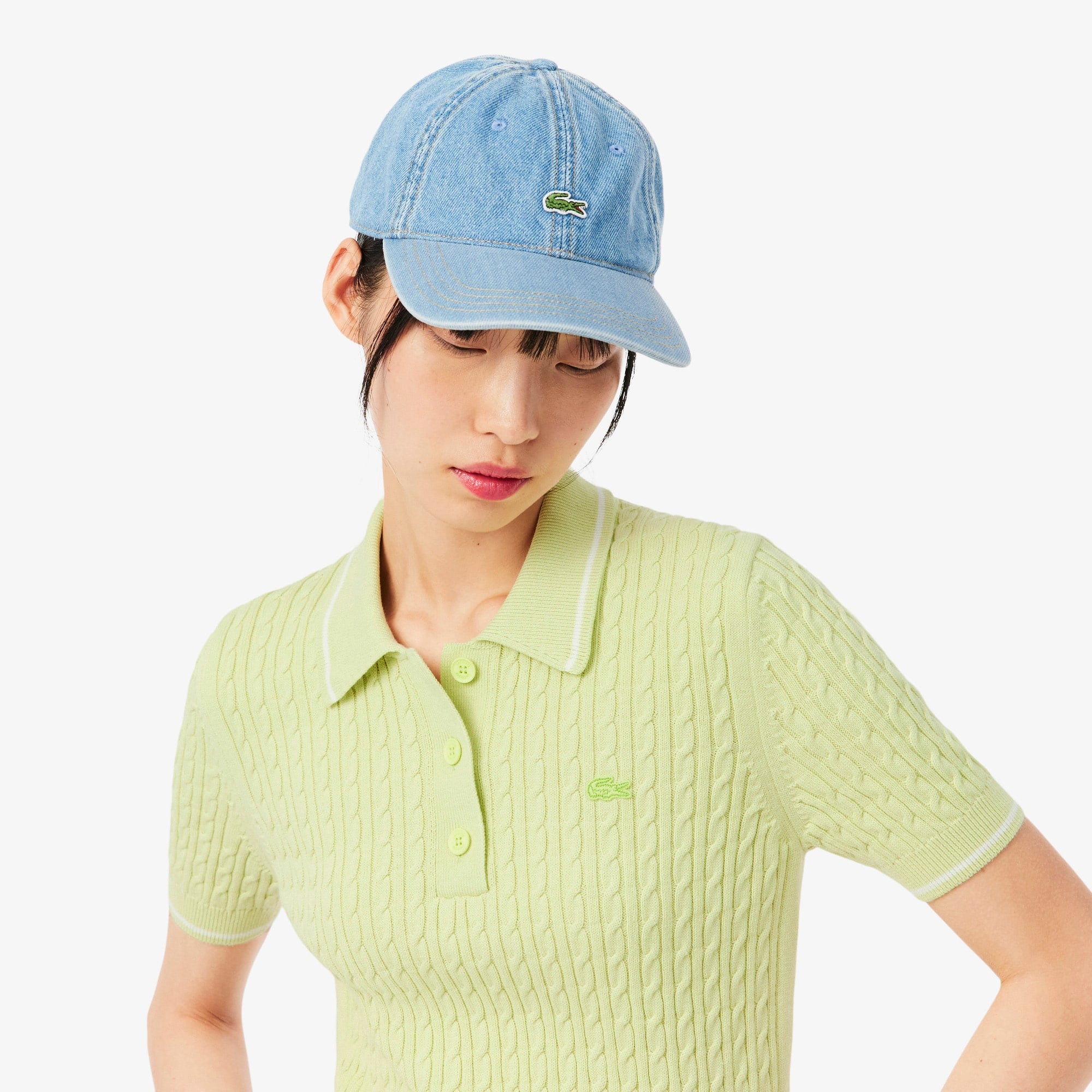 Striped Cable Knit Polo Collar Sweater - Green