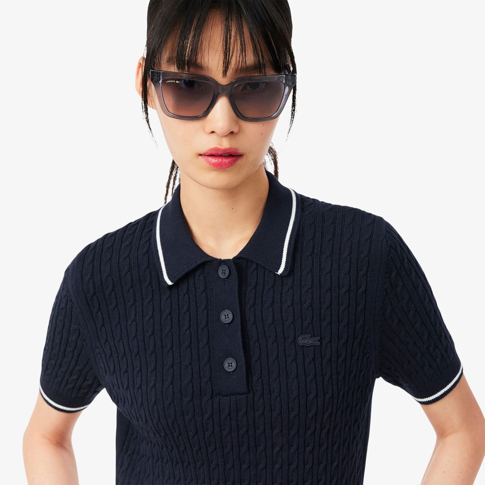 Striped Cable Knit Polo Collar Sweater - Navy Blue