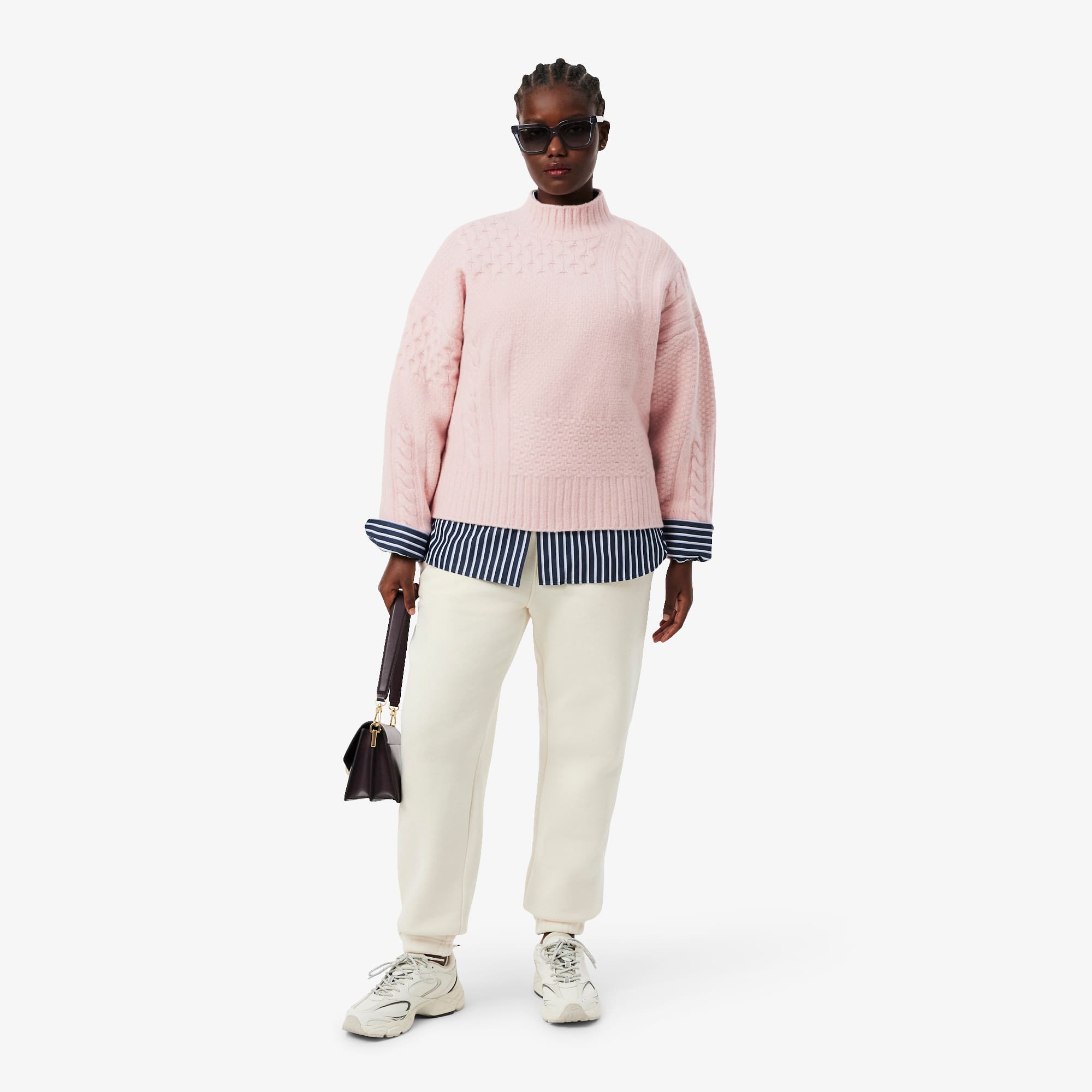 Women's Patchwork Effect High-Neck Wool Sweater - Light Pink