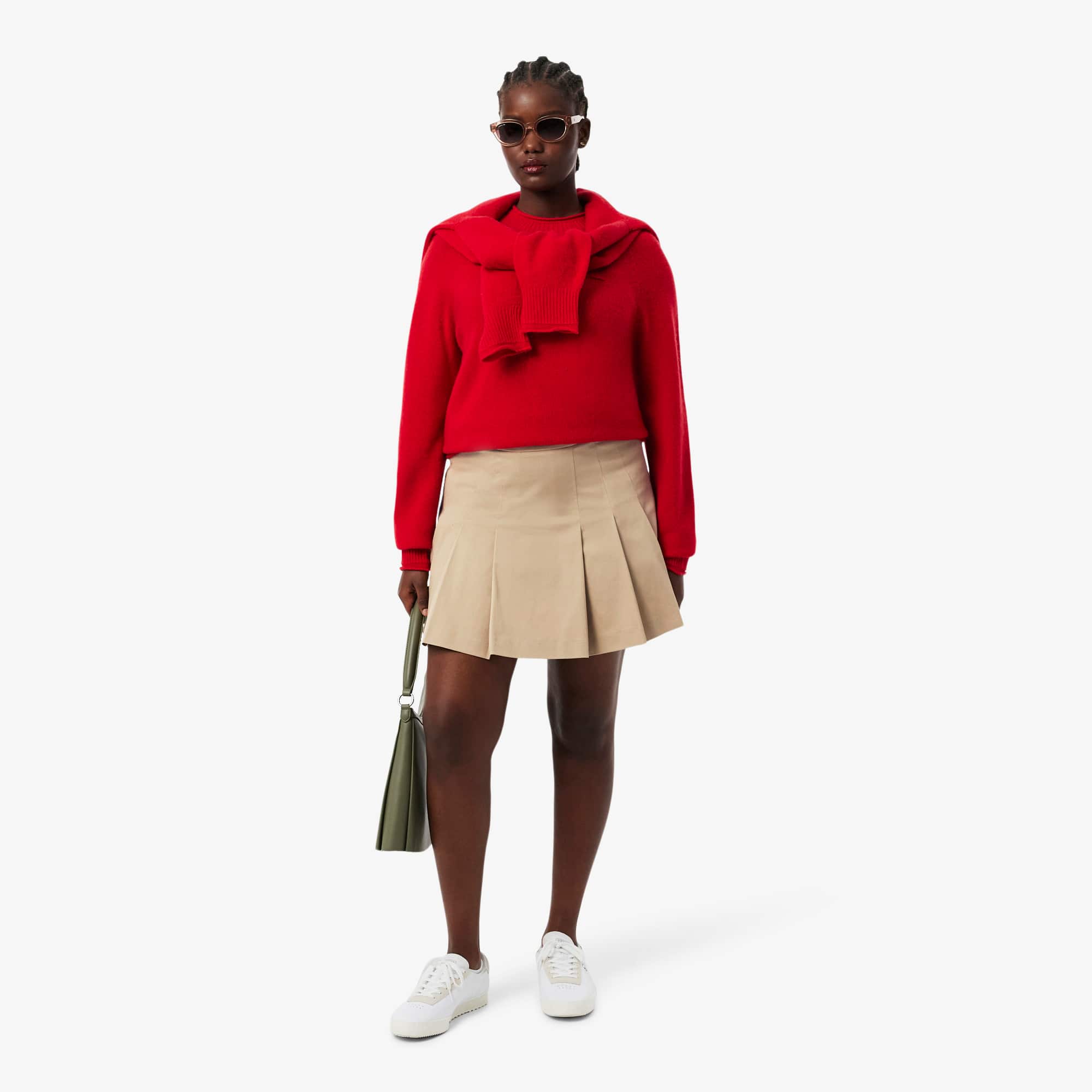 Women's Short Stretch Cotton Pleated Skirt - Beige