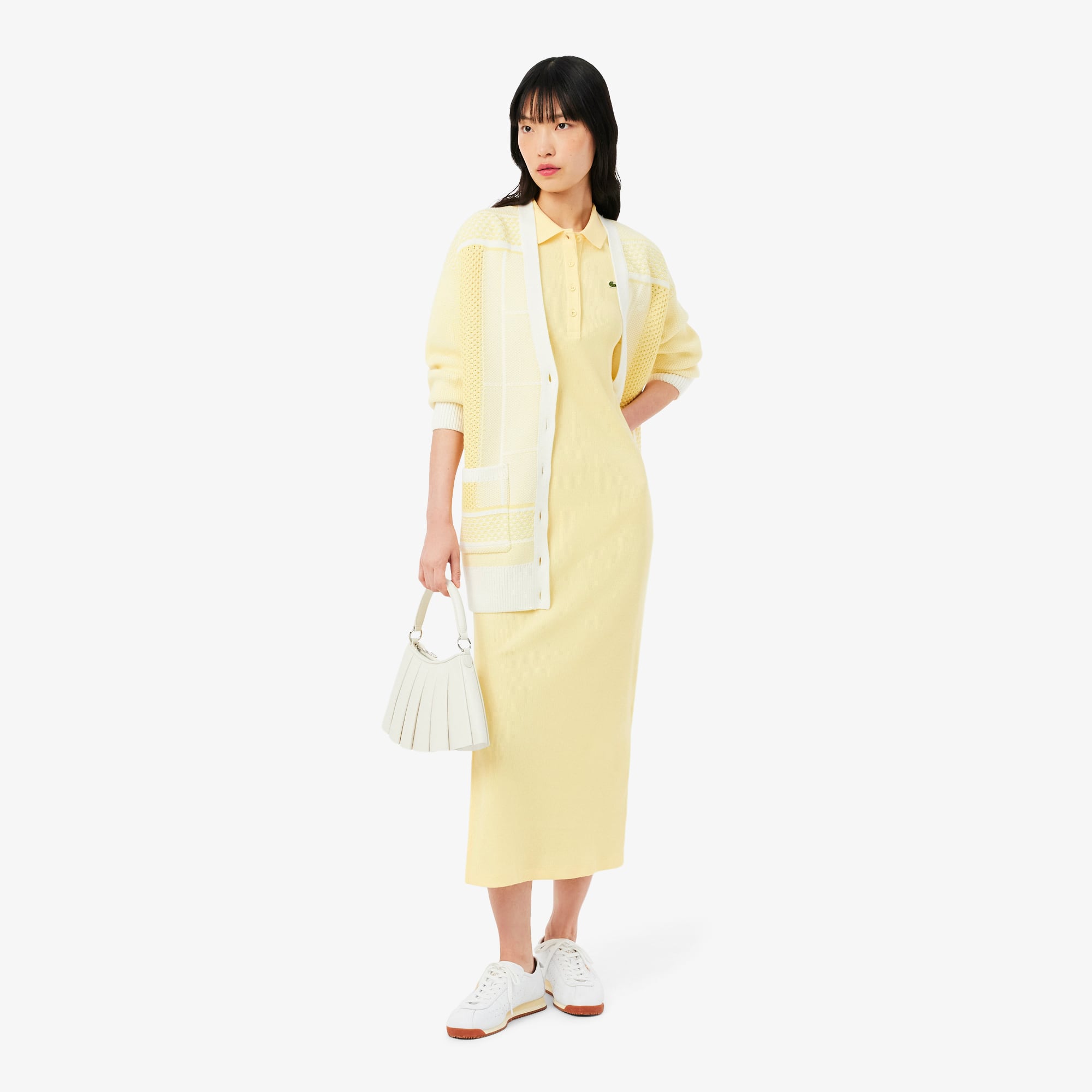 Women's Long Ribbed Cotton Polo Dress - Pastel yellow
