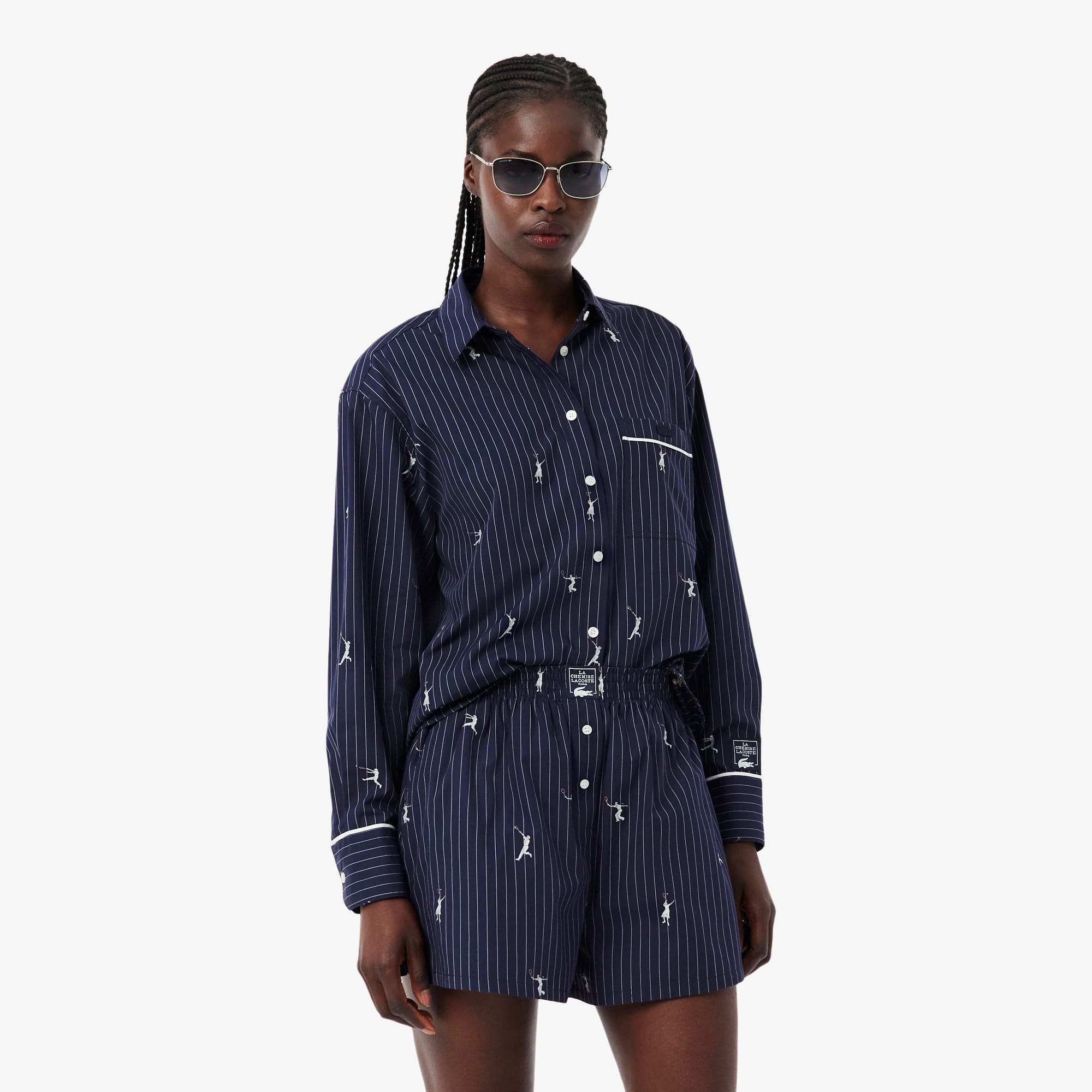 Oversized Shirt with Motifs - Navy Blue / White
