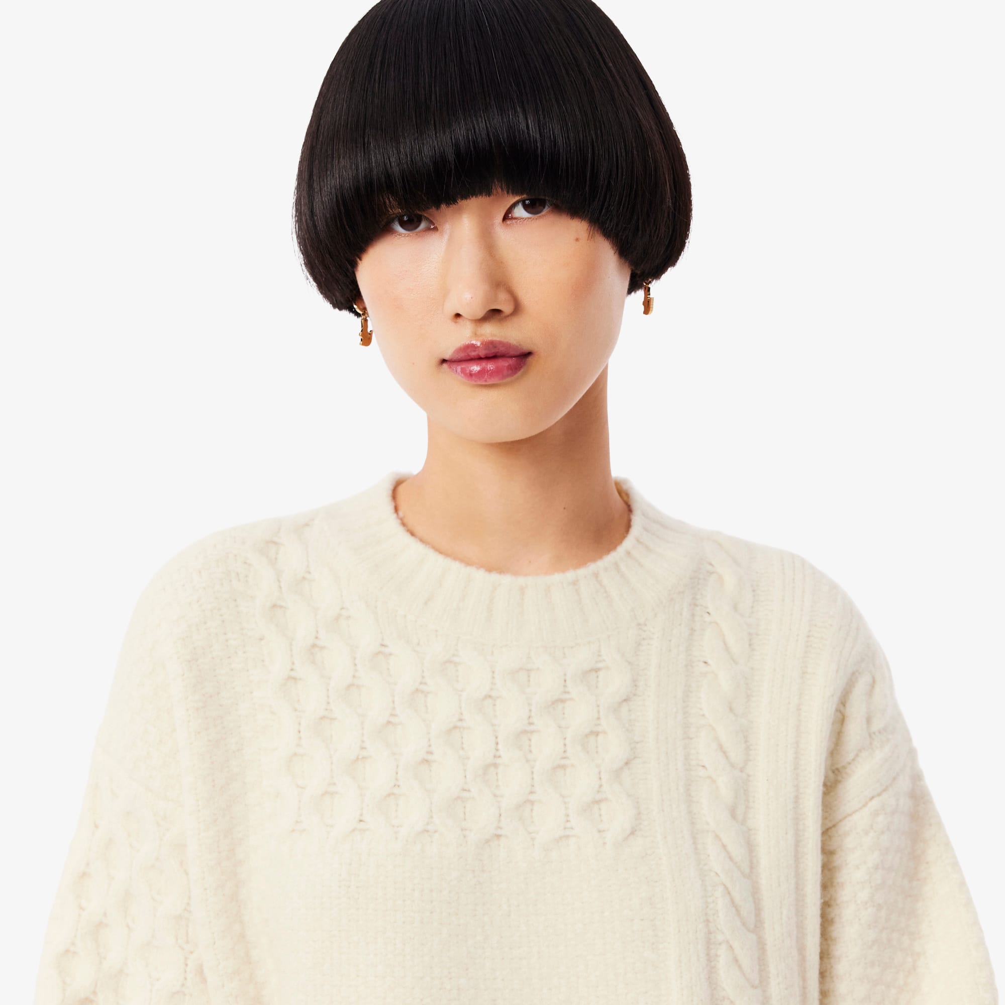 Women's Patchwork Effect Wool Sweater Dress - Cream