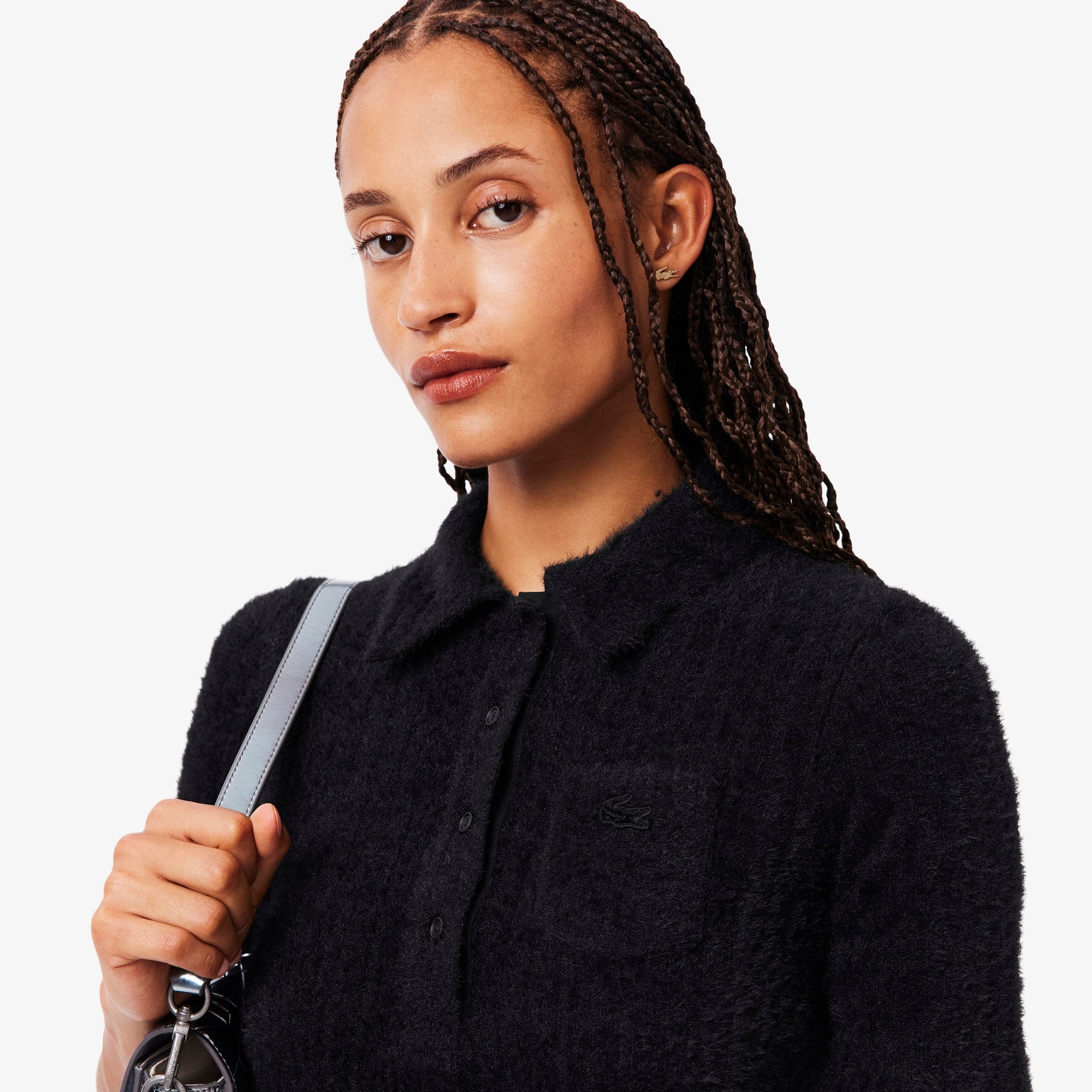 Women's Slim Fit Fuzzy Rib Knit Polo - Black