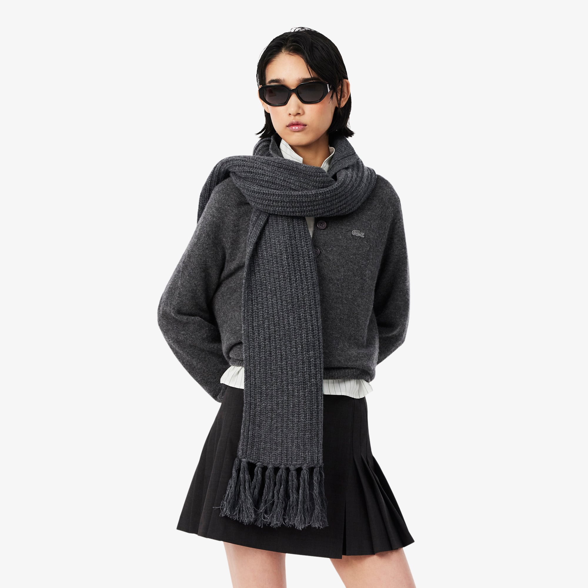 Women's Fringed Wool Scarf - Grey pitch