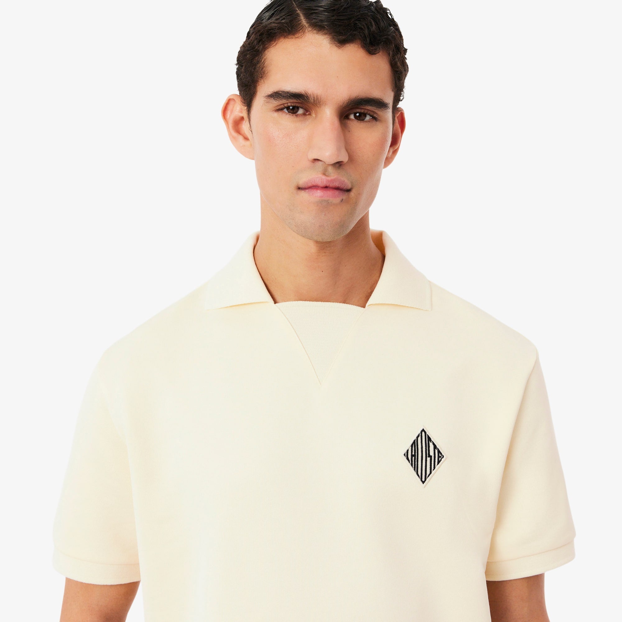 Loose Fit Badge Accent Fleece Polo - Lemon Beige
