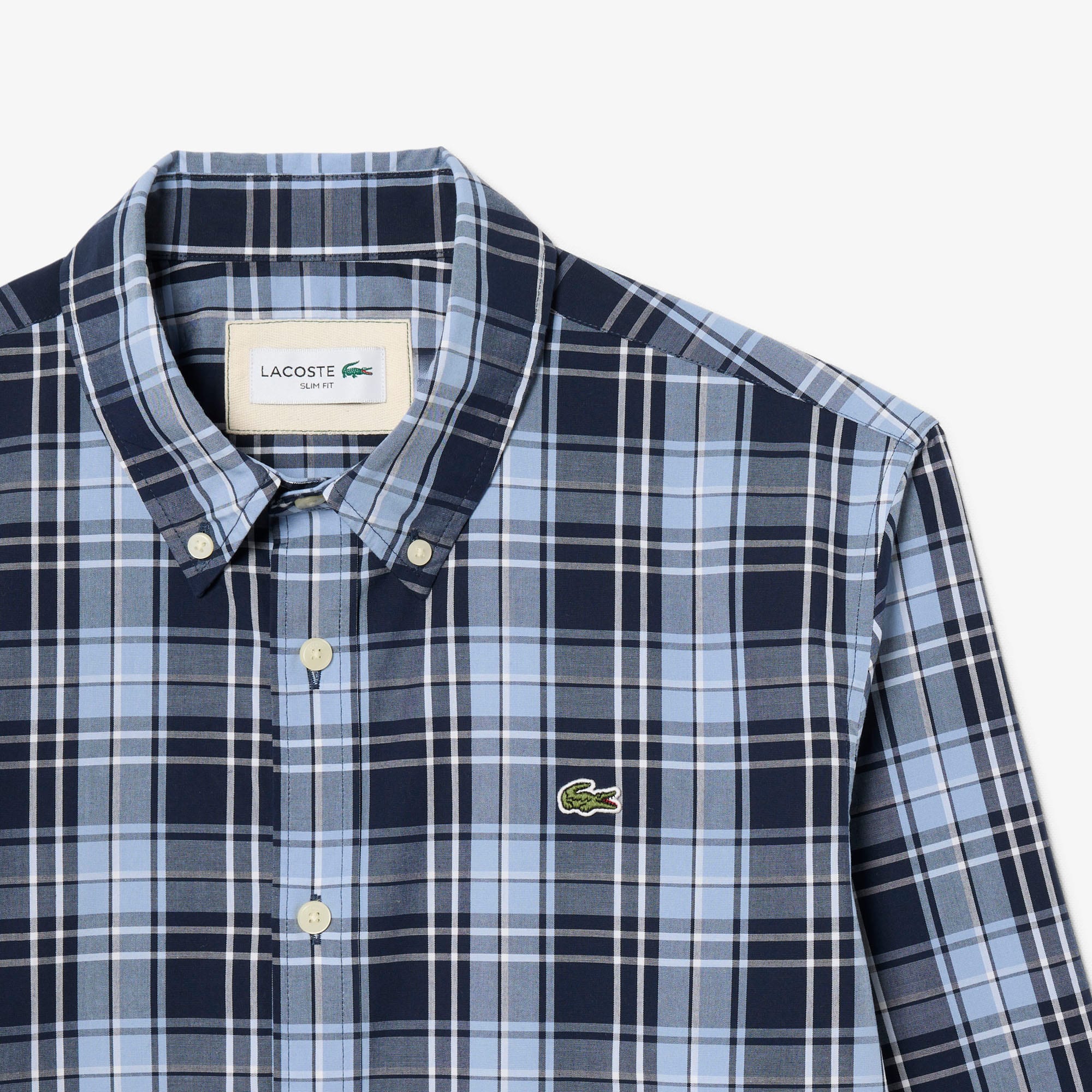 Slim Fit Gingham Print Stretch Poplin Shirt - Bleu Clair / Bleu Marine / Blanc