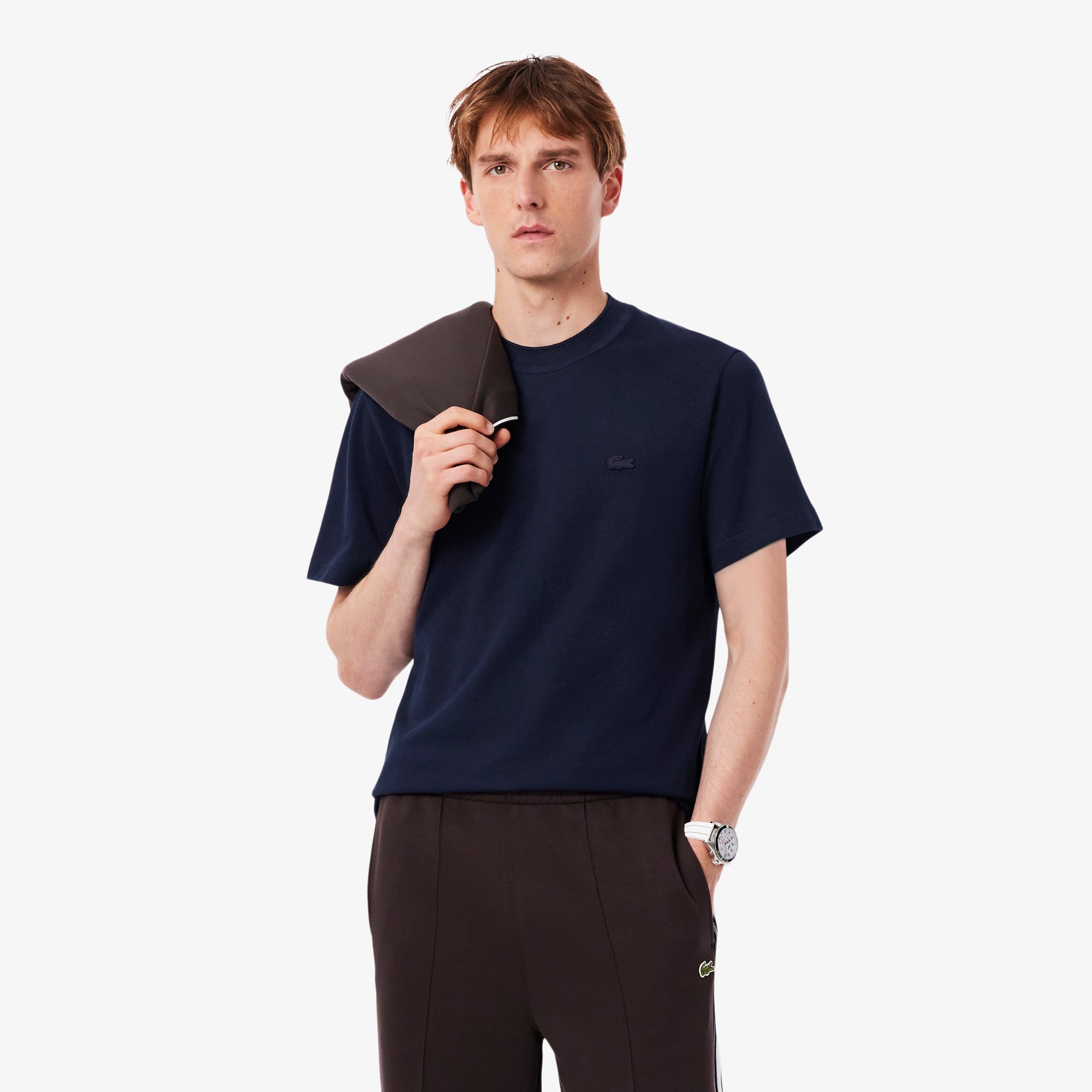Men's Ribbed Neck Petit Piqué T-Shirt - Navy Blue