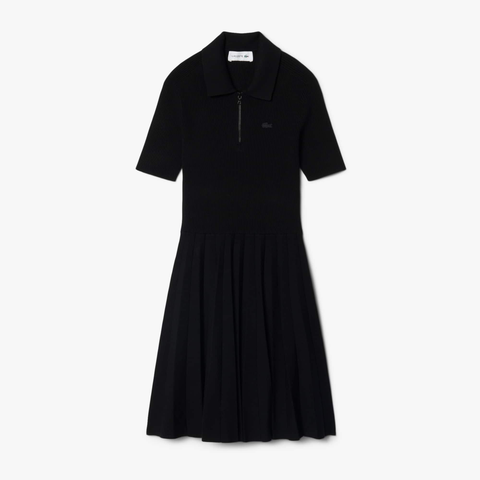Women's Pleated Polo Collar Dress - Black