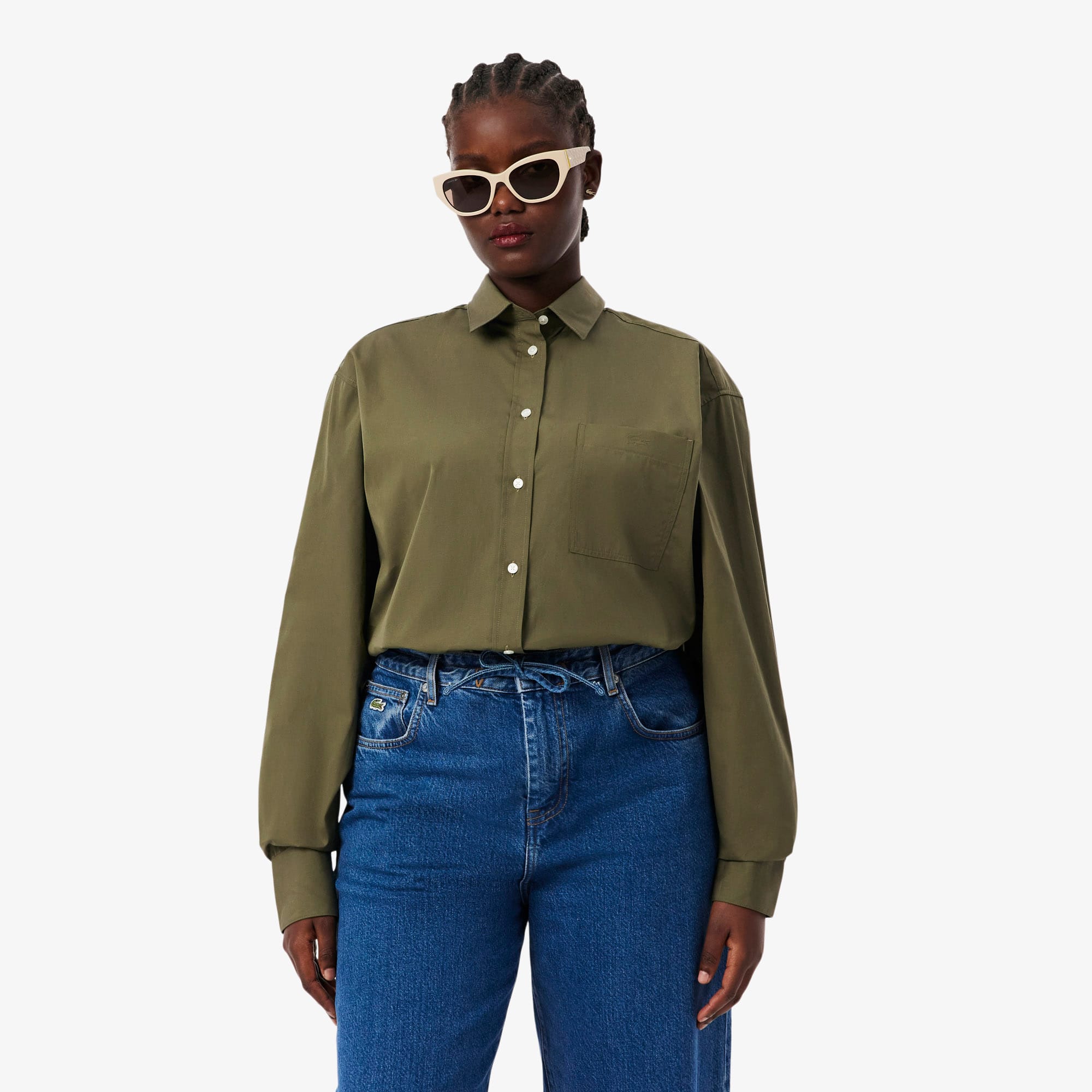 Women's Oversized Cotton Button Down Shirt - Khaki Green