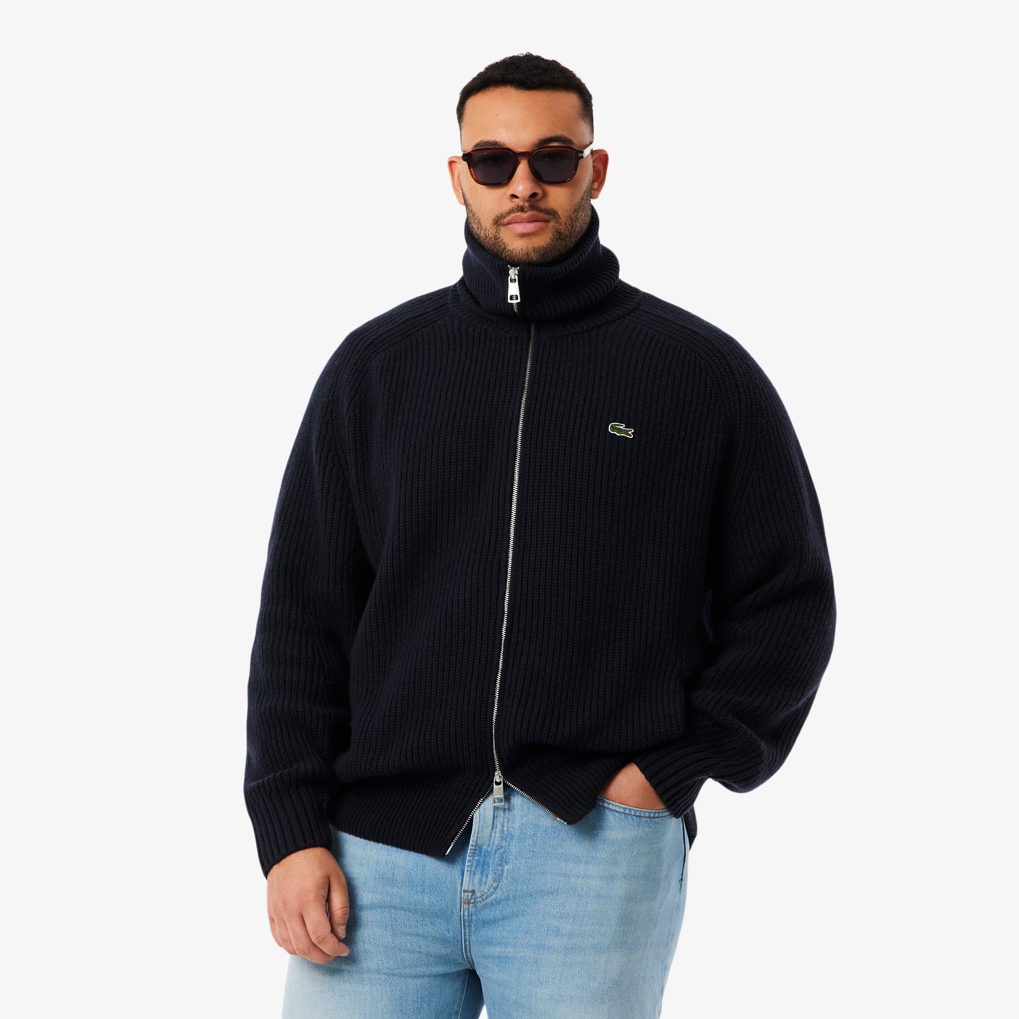 Men's Wool Zip-Up Sweater - Navy Blue