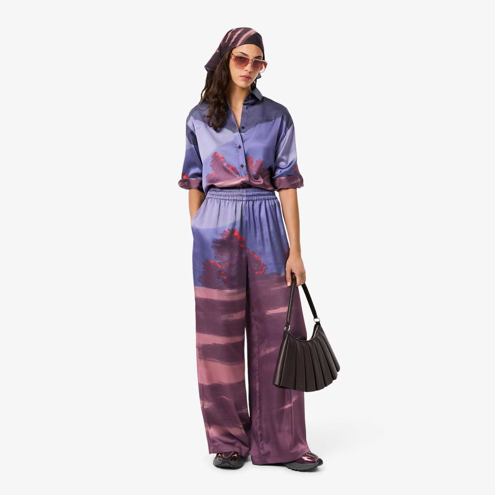 Women's Oversized Landscape Print Pants - Blue / Brown / Purple / Light Pink