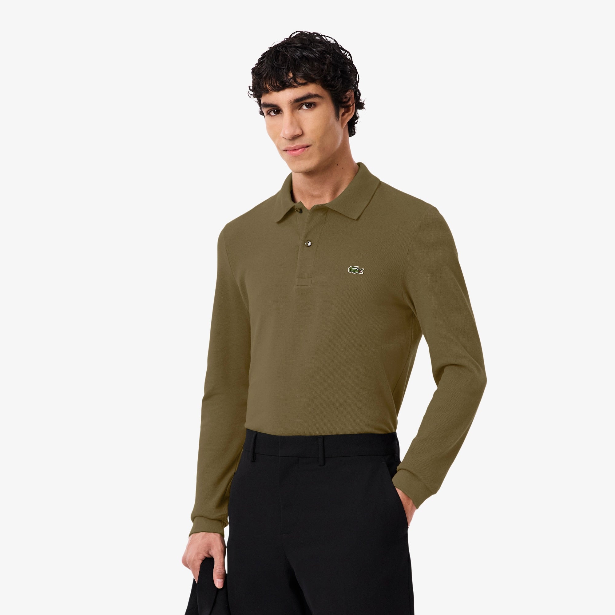 Men's Slim Fit Long Sleeve Polo - Khaki Green